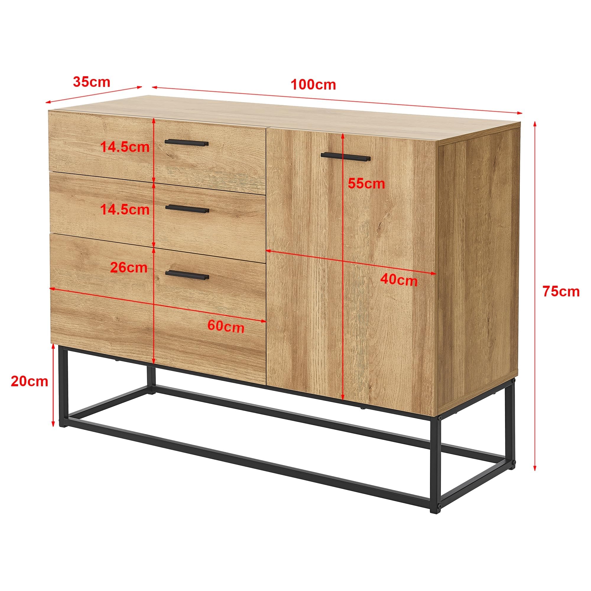 [en.casa] Buffet Style Industriel Commode pour Salon Entrée Chambre Meuble de Rangement avec Tiroirs et Étagère Fermée à Porte Métal Panneau de Particules 75 x 100 x 35 cm Noir Effet Chêne