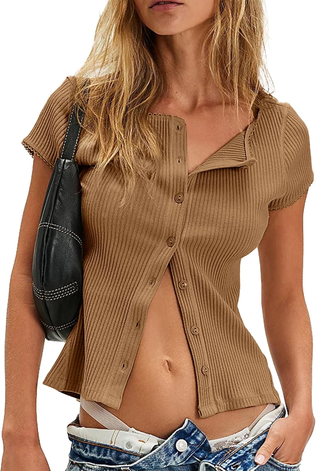 ZAFUL Women's Short Sleeve Shirt Crew Neck Button Down Cardigan T-Shirt Slim Fit Y2K Going Out Casual Fashion Tops