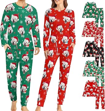 Personalized Pajamas for Women Men, Custom Pajamas Set with Pet Face Photo, Customized Funny Pj Gifts for Christmas