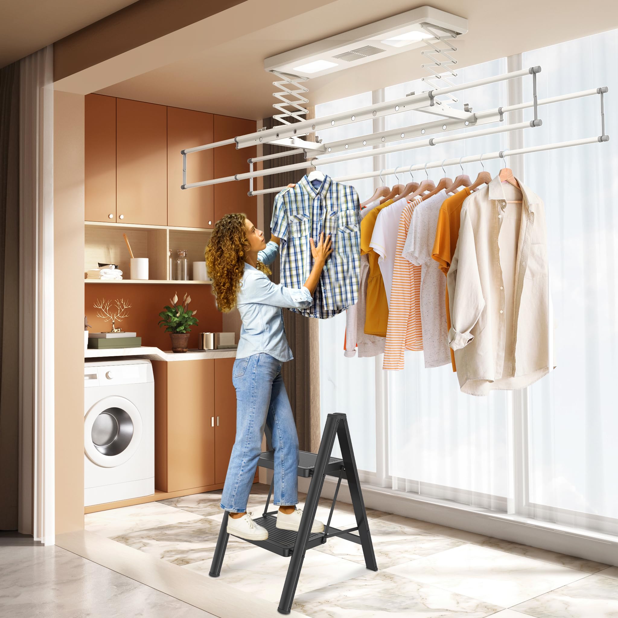 Aufun Escalera plegable de 2 peldaños con pedal antideslizante ancho, escalera multifuncional para el hogar, fácil de guardar, con capacidad de carga hasta 270 kg, escalera de peldaños para el hogar