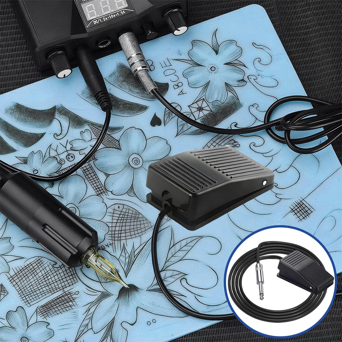 Netz-Fußschalter Tattoo-Fußpedal Schwarzes Tattoo-Fußpedal-Netzteil Slip Control mit 6,35-mm-Stecker, für Tattoos Maschinenpistolen Tattoos Zubehör