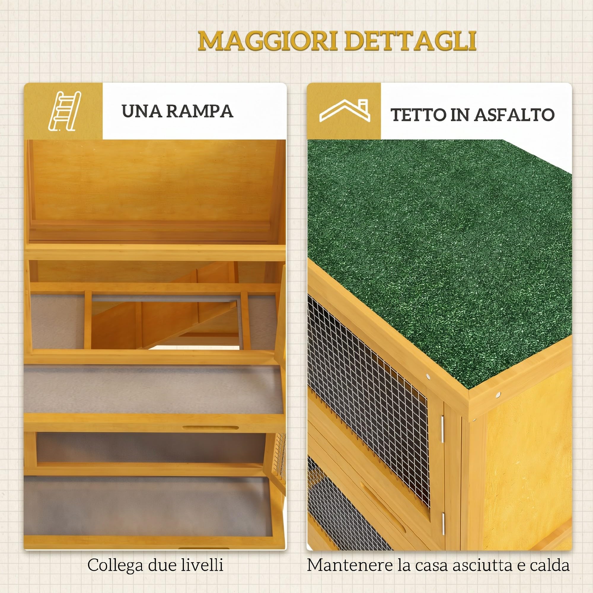 PawHut Conigliera da Esterno a 2 Livelli con 4 Porte, 97x44x91 cm, Giallo | Rampa Antiscivolo, Serratura, 2 Vassoi Estraibili, Conigliera in Abete, Tetto in Bitume, Gabbia per Conigli