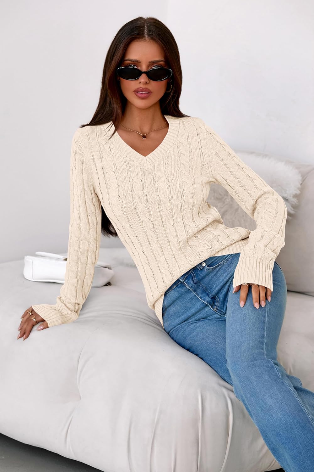 PRETTYGARDEN V Neck Cable Knit Sweaters for Women 2025 Long Sleeve Ribbed Fitted Pullover Tops Business Casual Fall Outfits - Image 5