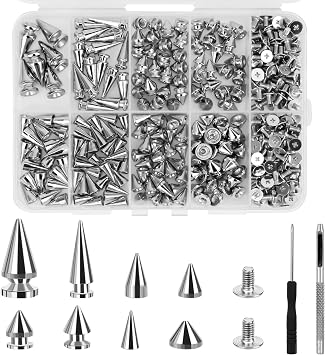 Pletpet 354 Pcs Punk Spikes and Studs Kit, 8 Sizes Metal Tree Spikes Studs for Clothing Bags with Screwdriver and Punch
