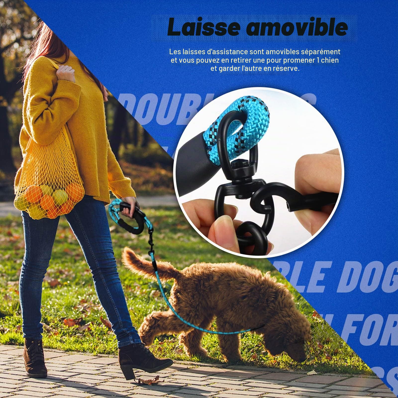 LELE LIFE Laisse Double Réfléchissante pour Deux Chiens, Pivotante à 360°, avec 2 Porte-Sacs à Crottes (Bleu)