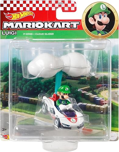 Hot Wheels Die-Cast Mario Kart Luigi en P-Wing Kart con Cloud Glider