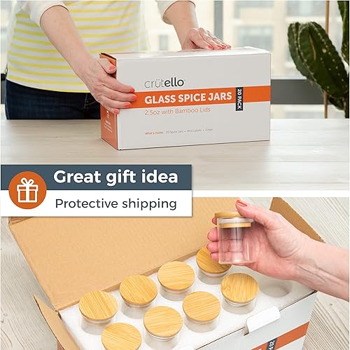 Miniatura 5 de Crutello Paquete de 20 mini tarros de especias de 2.5 onzas con tapas de bambú, tarros aptos para lavavajillas para especias, miel, frijoles, arroz,