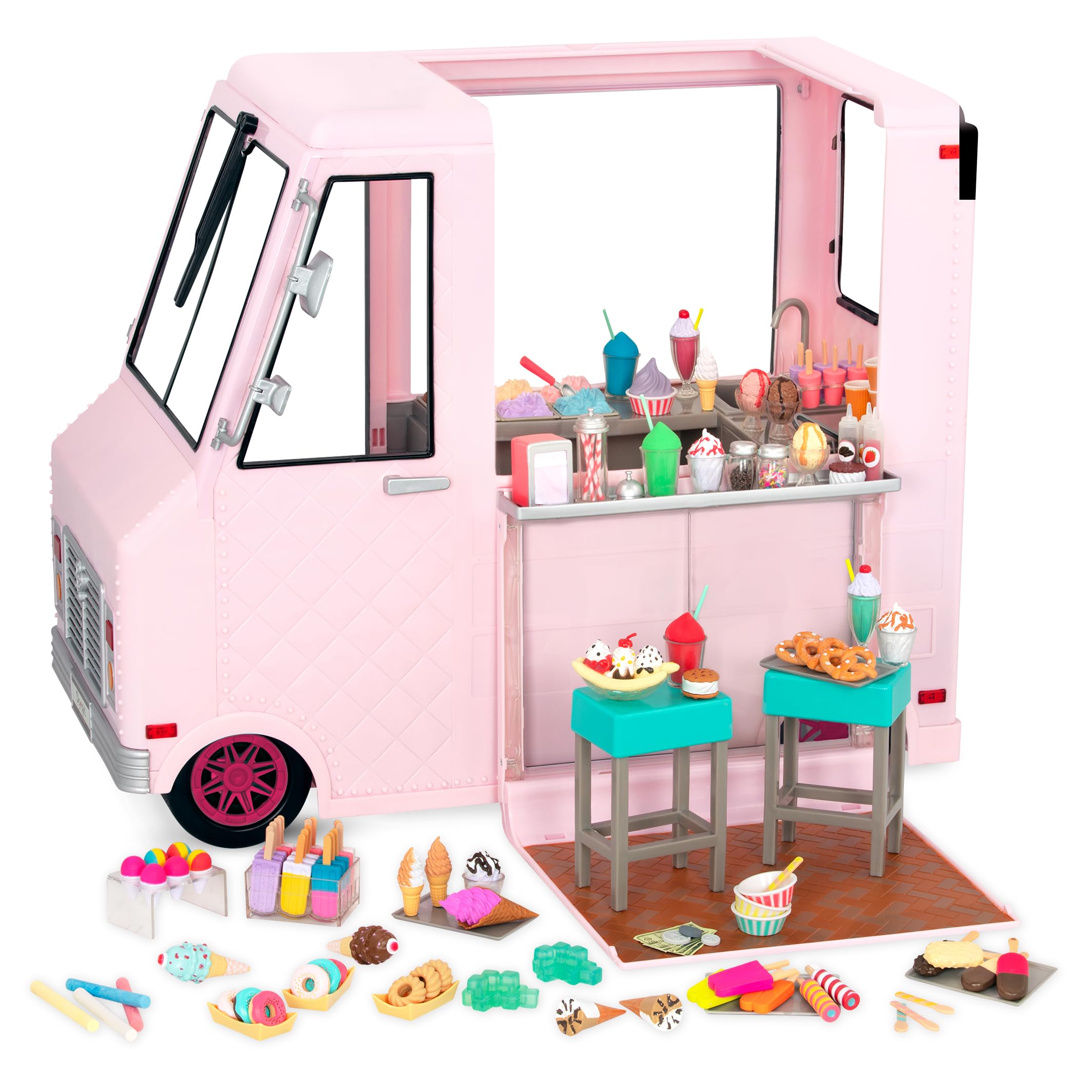 Our Generation Sweet Stop, Camion à Glace Rose pour poupées de 46 cm | Camion à glace rose avec tableau à craie, lumières, essuie-glace et 3 chansons; comprend 128 pièces au total; 3 ans et +