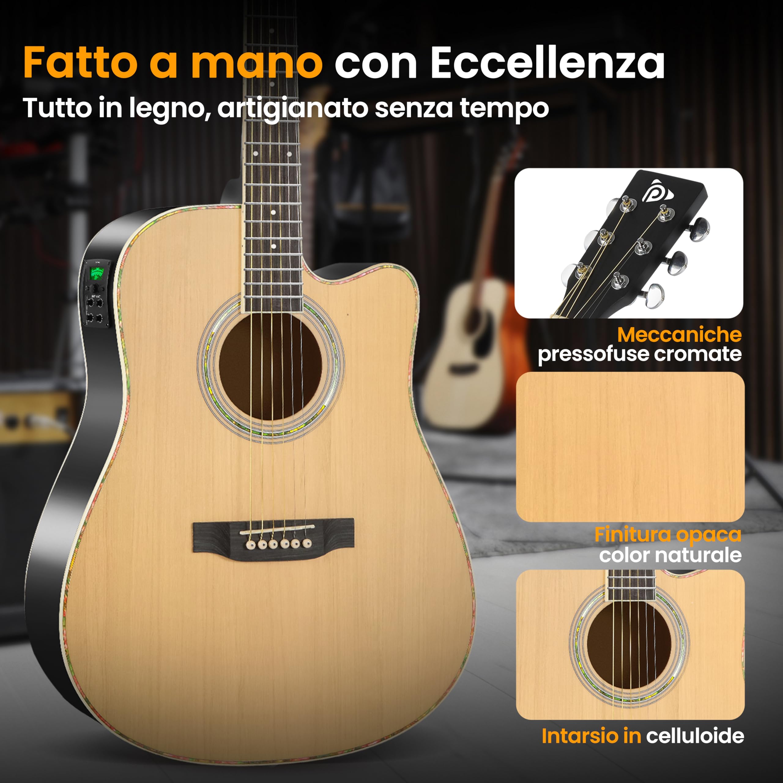 Pyle Kit Chitarra Elettrica Acustica 4/4 con Amplificatore Spalla, Legno Abete Rosso 1,04 m