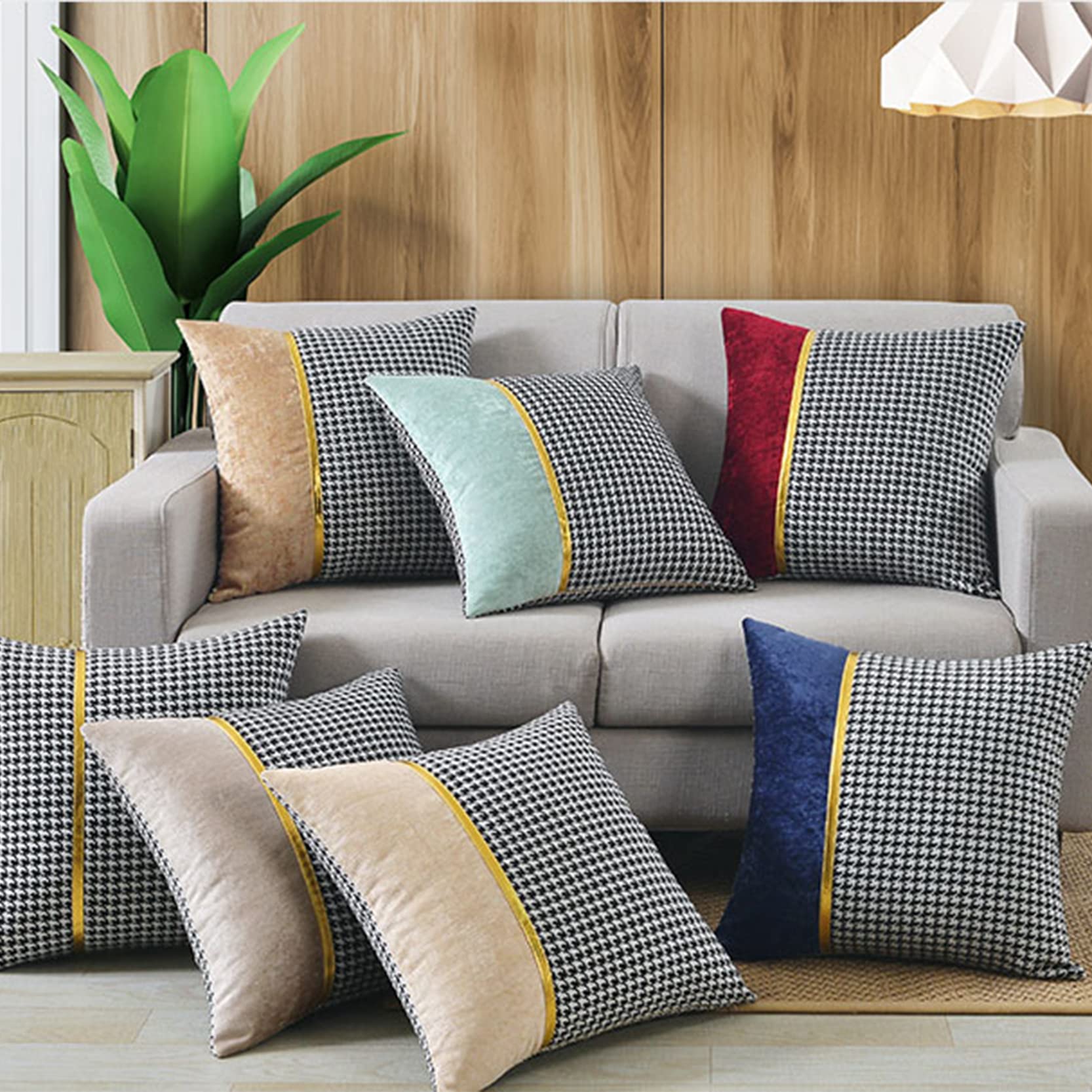 Copricuscini a righe in pelle dorata a quadri pied de poule, confezione da 2, 45x45-60x60 cm, ciniglia multicolore(Grey,50x50cm)