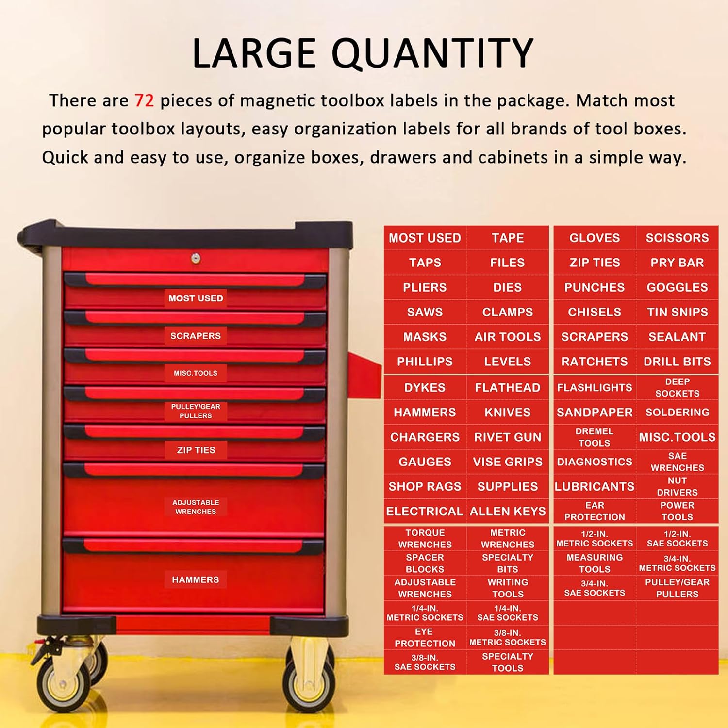 Tool Box Organization Magnetic Labels,Tool Chest Organizer Labels with Strong Magnets,Easy to Read Printing - Fits All Brands of Steel Tool Box Drawers,Red-(72 Pcs, 4 x 1.18 Inches)