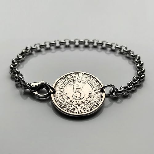 Miniatura 6 de 1940 Mexico 5 Centavos coin bracelet Aztec Sun Stone Tonatiuh calendar Piedra del Sol Tonalpohualli Zócalo Tijuana Mexica sculpture Moctezuma II