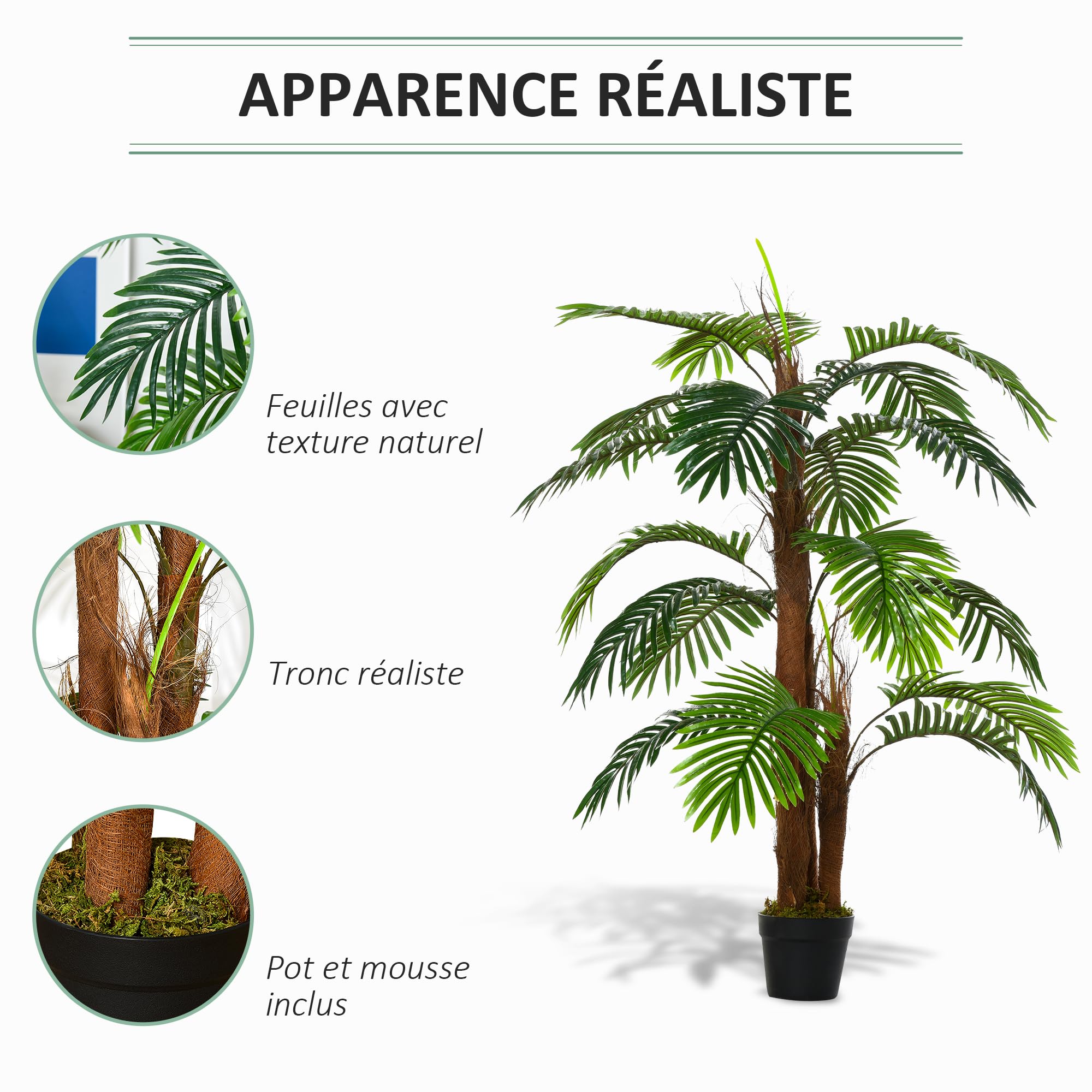 Outsunny Palmier Artificiel Hauteur 1,2 m Arbre Artificiel Tronc Branches Lichen Feuilles Grand réalisme Pot Inclus