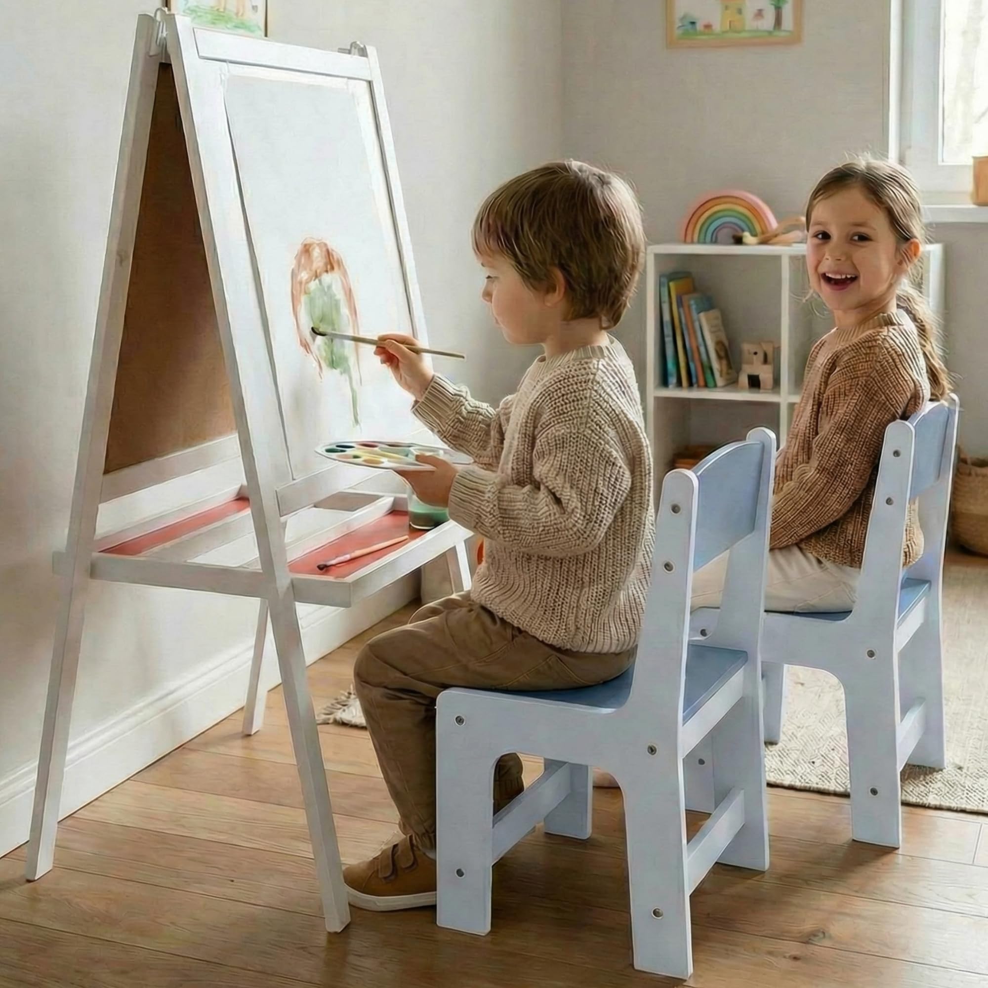 MAMIZO Lot de 4 chaises pour enfant en bois - À partir de 1 an - Hauteur d'assise : 27 cm - Chaises pour enfant jusqu'à 80 kg - 55 x 30 x 28 cm - Table pour enfant - Avec dossier et repose-pieds