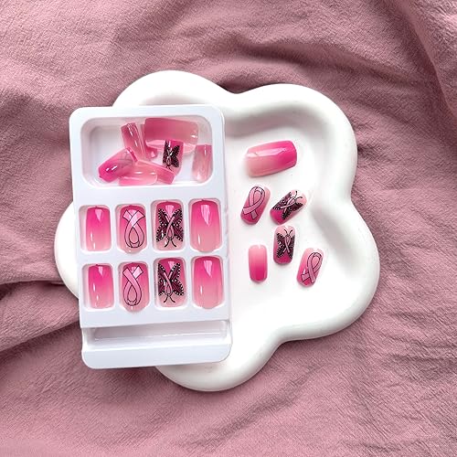 Miniatura 3 de Uñas postizas cuadradas a presión sobre cáncer de mama, uñas postizas de mariposa con cinta rosa, cobertura completa, longitud media, puntas de uñas