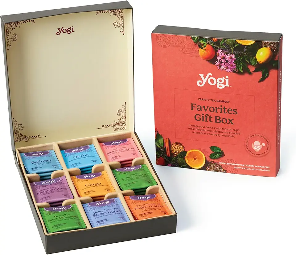 Yogi Organic Tea Sampler Gift Box (45 Tea Bags) Assorted Delicious Wellness Blends - 9 Favorite Herbal, Green &amp; Black Varieties