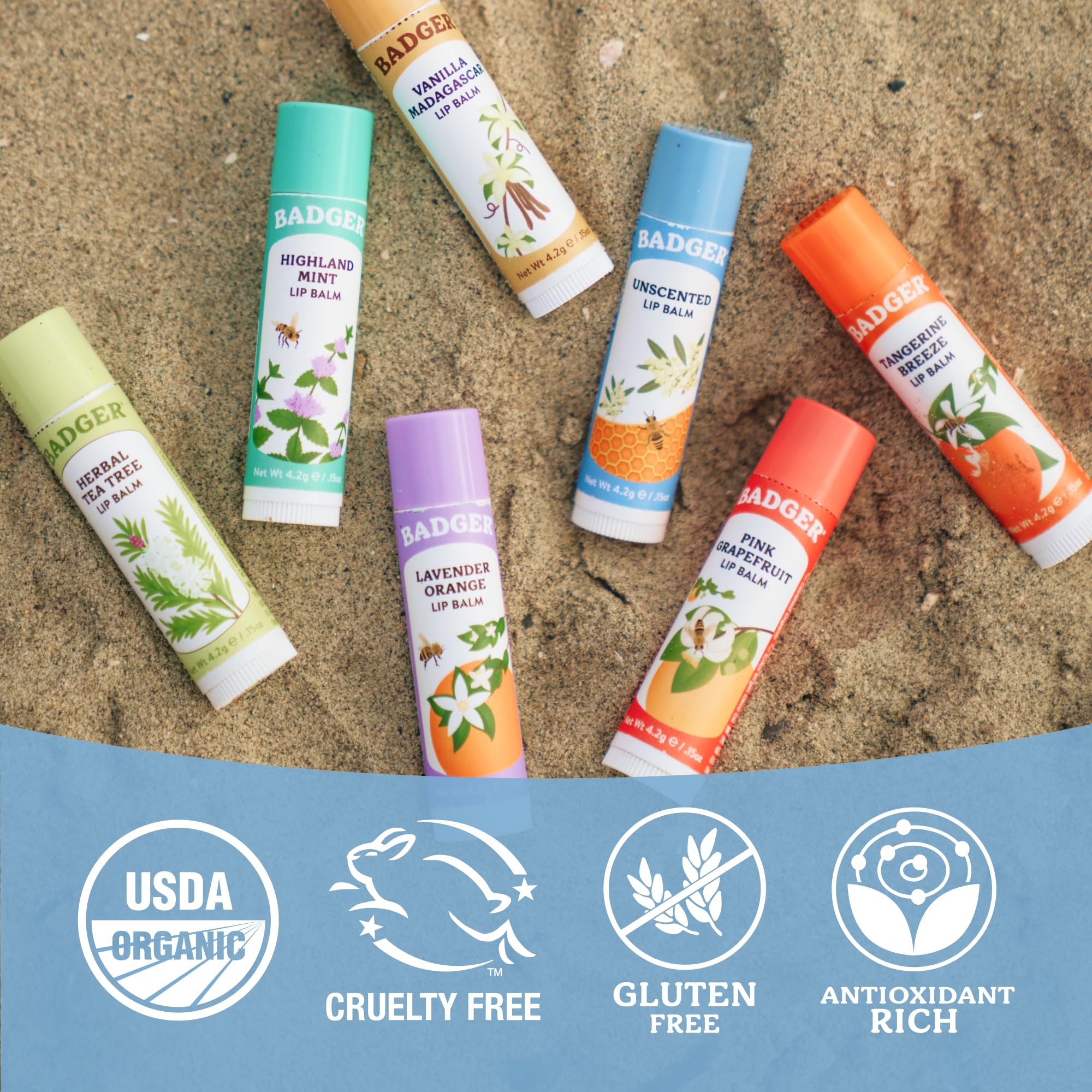 Badger Classic Organic Lip Balm Set - Yellow Box, Light Silky Long Lasting Lip Moisturizer Gift Set, All Natural Lip Balm Variety Pack Lip Set (Tangerine, Lavender Orange, Vanilla, Grapefruit), 4 pack