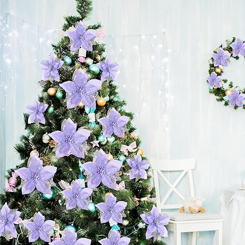 Vista 100 de Boao 24 Pieces Christmas Artificial Glitter Poinsettia Flowers Xmas Flowers Wedding Christmas Tree New Year Ornaments(Green)