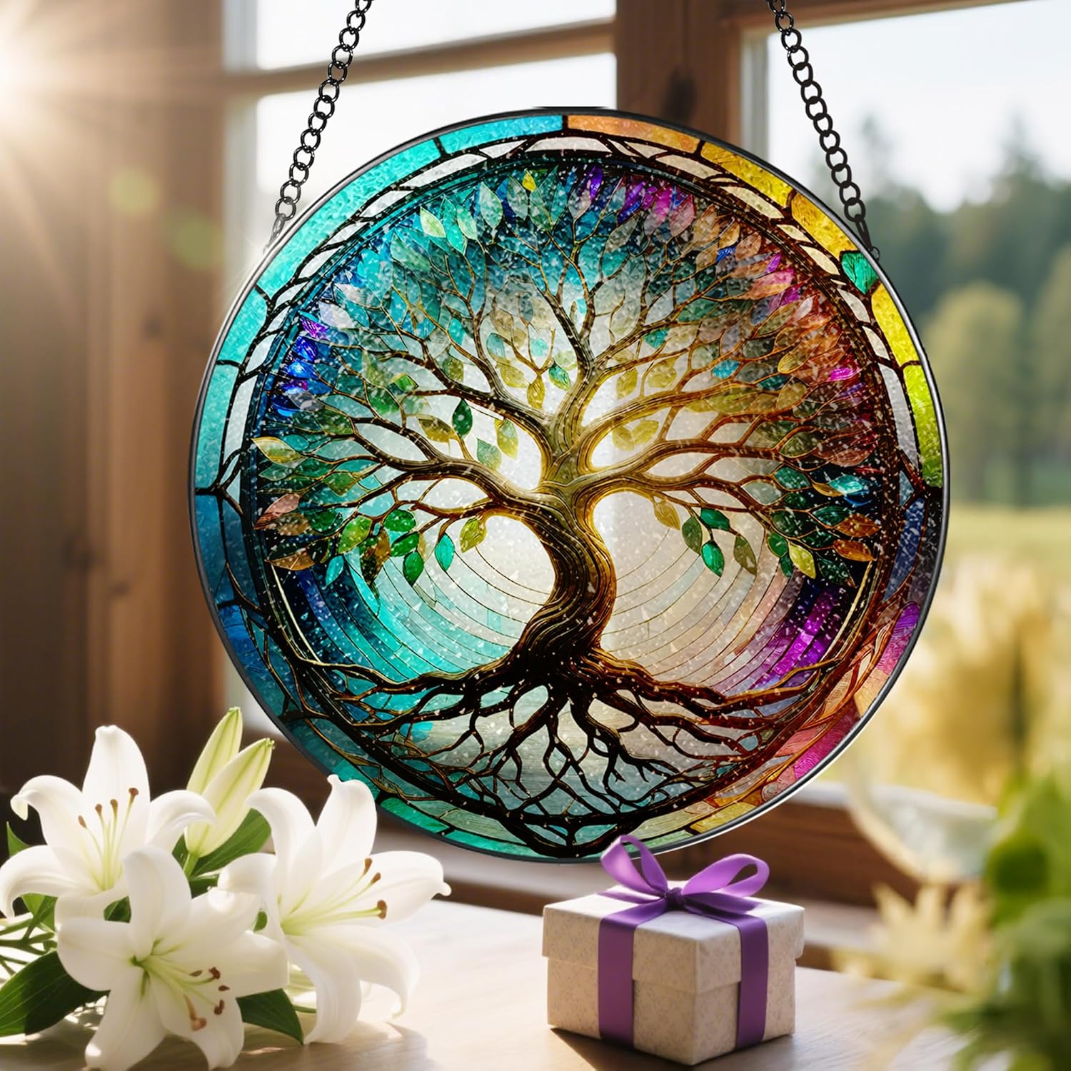 Stained Glass Window Hanging, LAOWEIKI 8'' Tree of Life Suncatcher, Stained Glass Ornament, Suncatchers for Windows Hanging, Window Decor, Outdoor or Indoor, Gifts for Mom, Grandma, Wife, Family - Image 6