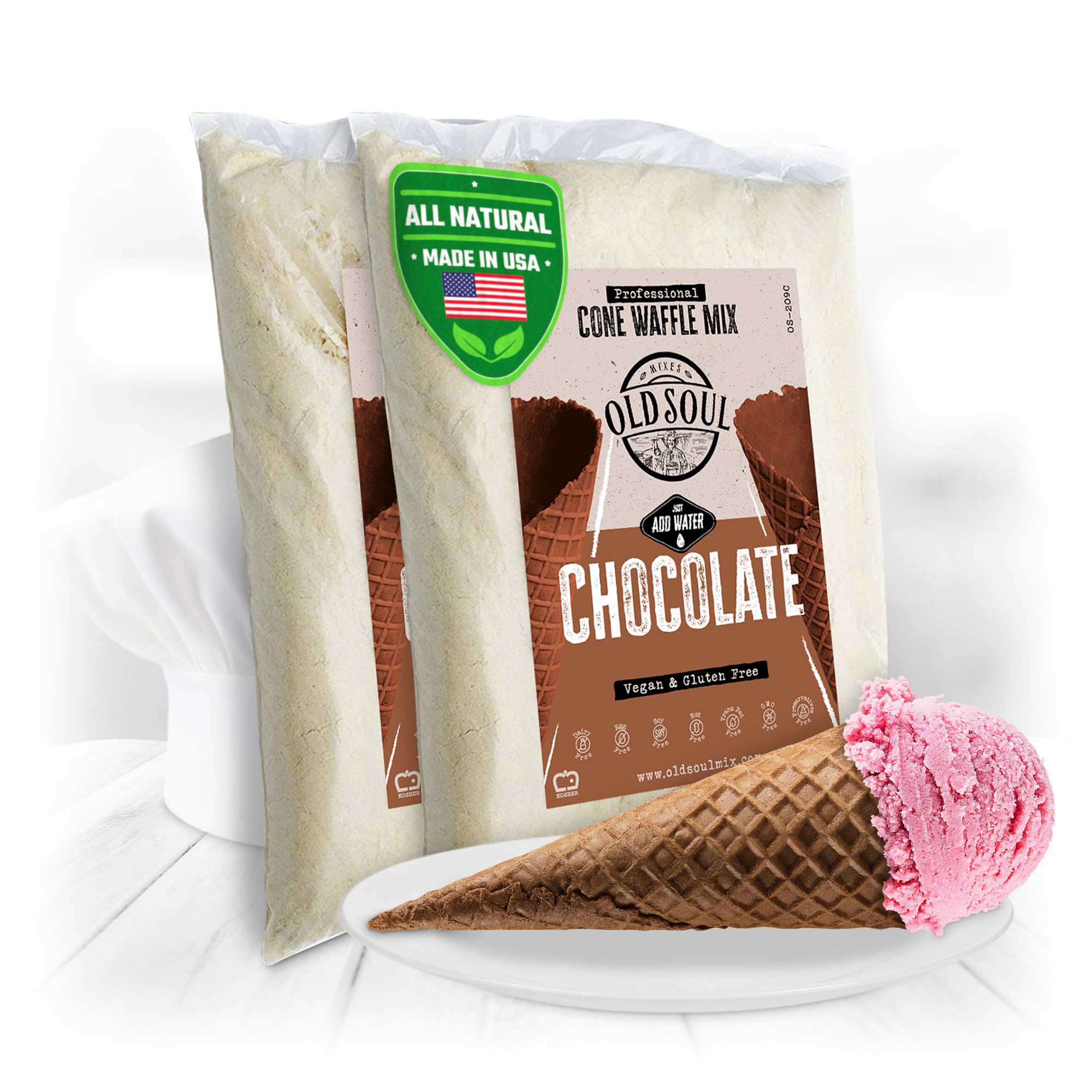 OLDSOUL Professional Cone Waffle Mix | GLUTEN FREE & VEGAN | 10 Lbs | Chocolate Flavor | Batter Mix | 224 Cone Waffles (10 Lbs, Gluten Free & Vegan)