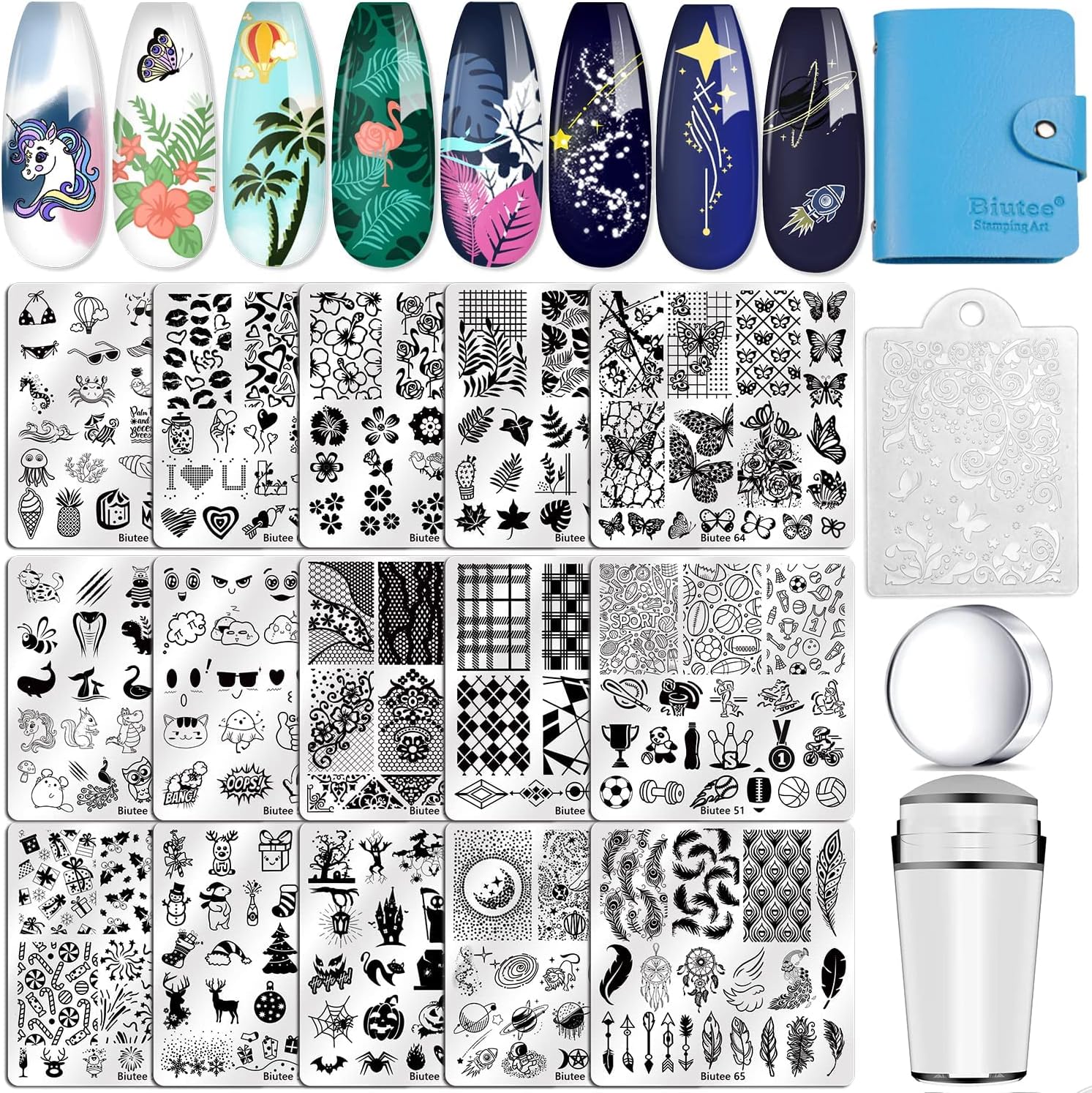 Nail Stempelen Platen set 15 stks Nail Art Stamper Schraper Opbergtas Geschenkdoos Nail Stempel Template Kit Kant Bloem Vlinder Ster Vakantie Sport Ontwerp Nail Afbeelding Plaat