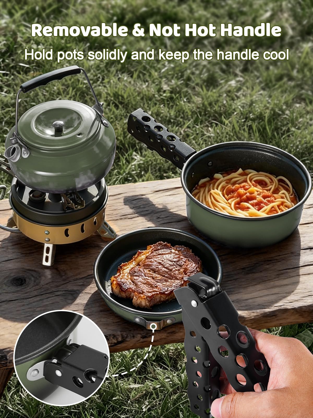 Odoland Kit da 5 pentole da campeggio, antiaderenti, leggere, con manico rimovibile, perfetto per escursioni, campeggio, escursioni e picnic