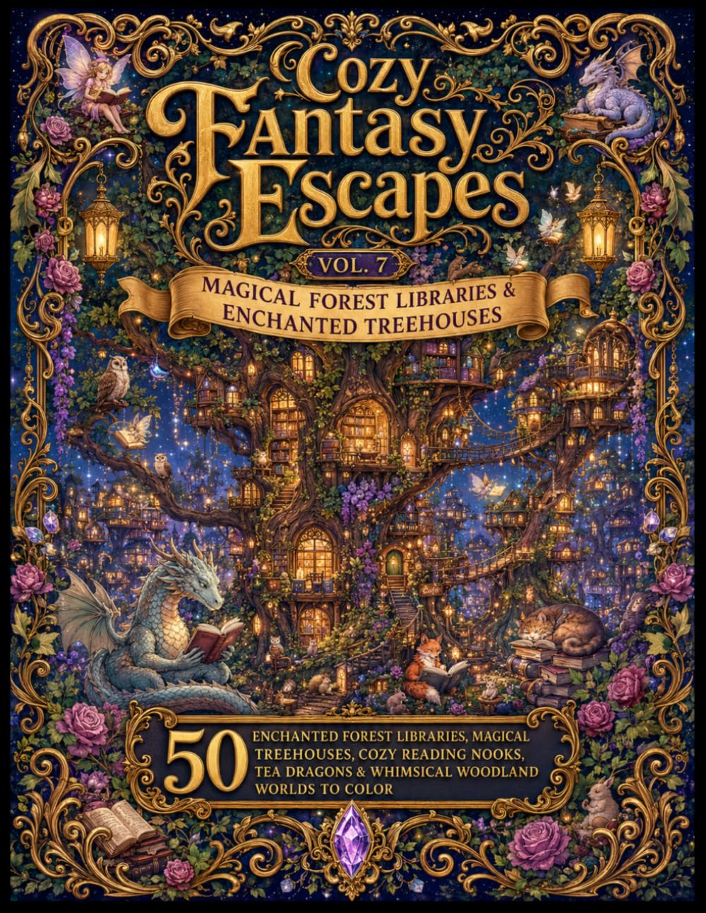 Cozy Fantasy Escapes Vol. 7 – Magical Forest Libraries & Enchanted Treehouses: 50 Enchanted Forest Libraries, Magical Treehouses, Cozy Reading Nooks, Tea Dragons & Whimsical Woodland Worlds to Color