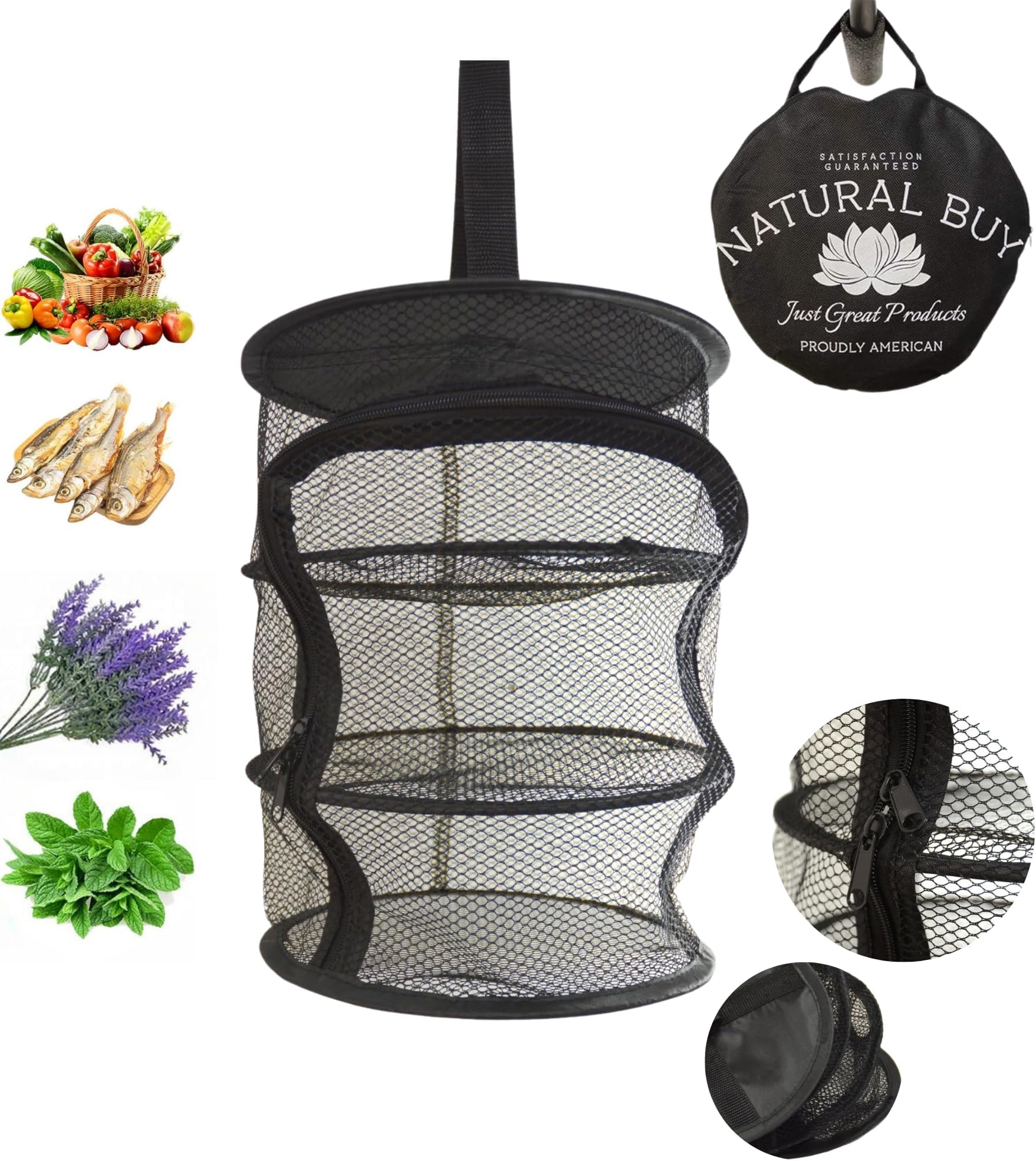 9 Inch 3 Level Micro Hanging Dry Net Indoor/Closet Drying Rack for Herbs, Organizer, Freshner - Black Mash Screen with Top-to-Bottom Zipper - Apartment Size with Zipped Storage Pouch