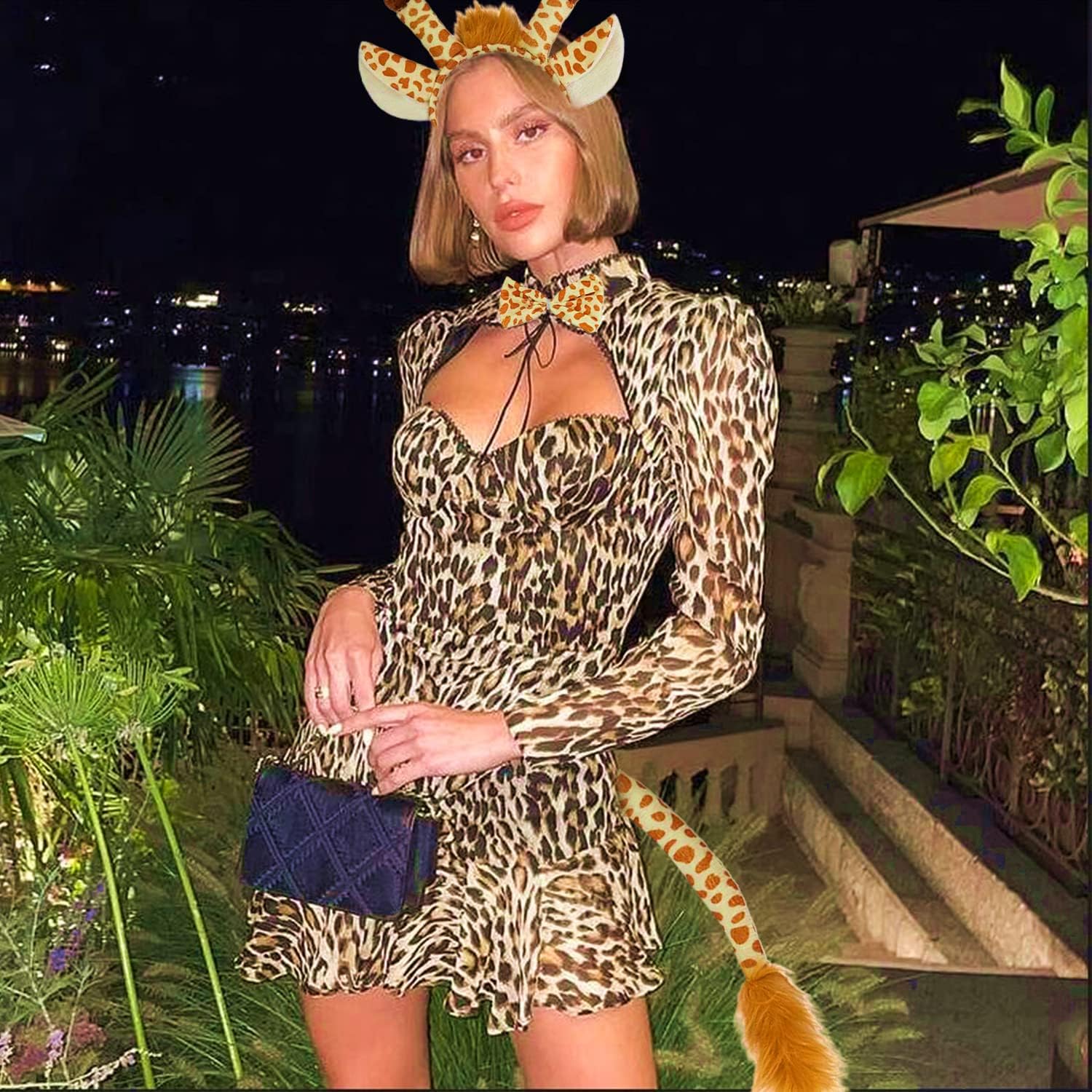 Vista 2 de JeVenis Disfraz de jirafa para adultos, disfraz de leopardo, disfraz de tigre, disfraz de cebra, diadema, orejas y cola, despedida de soltera