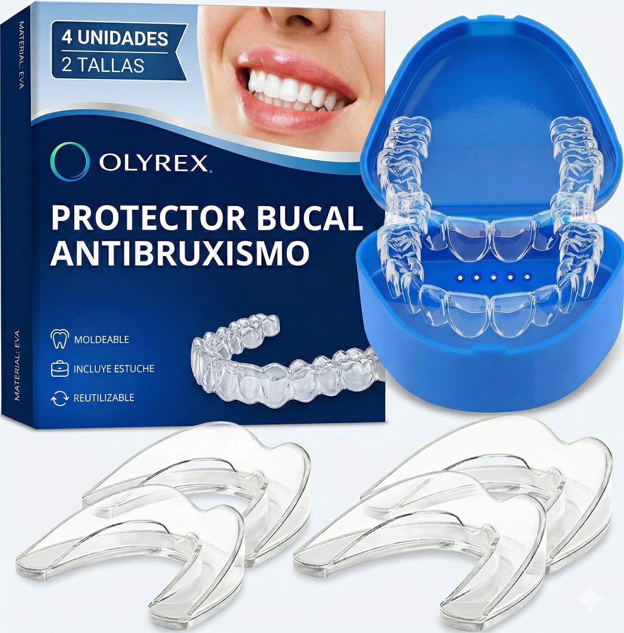 Ferula Descarga Bruxismo 4 Piezas 2 Tamaños – Protector Bucal para Bruxismo y Antironquidos – Férula Dental Noche Ajustable, Moldeable y Reutilizable – Protección contra Rechinar de Dientes – OLYREX®