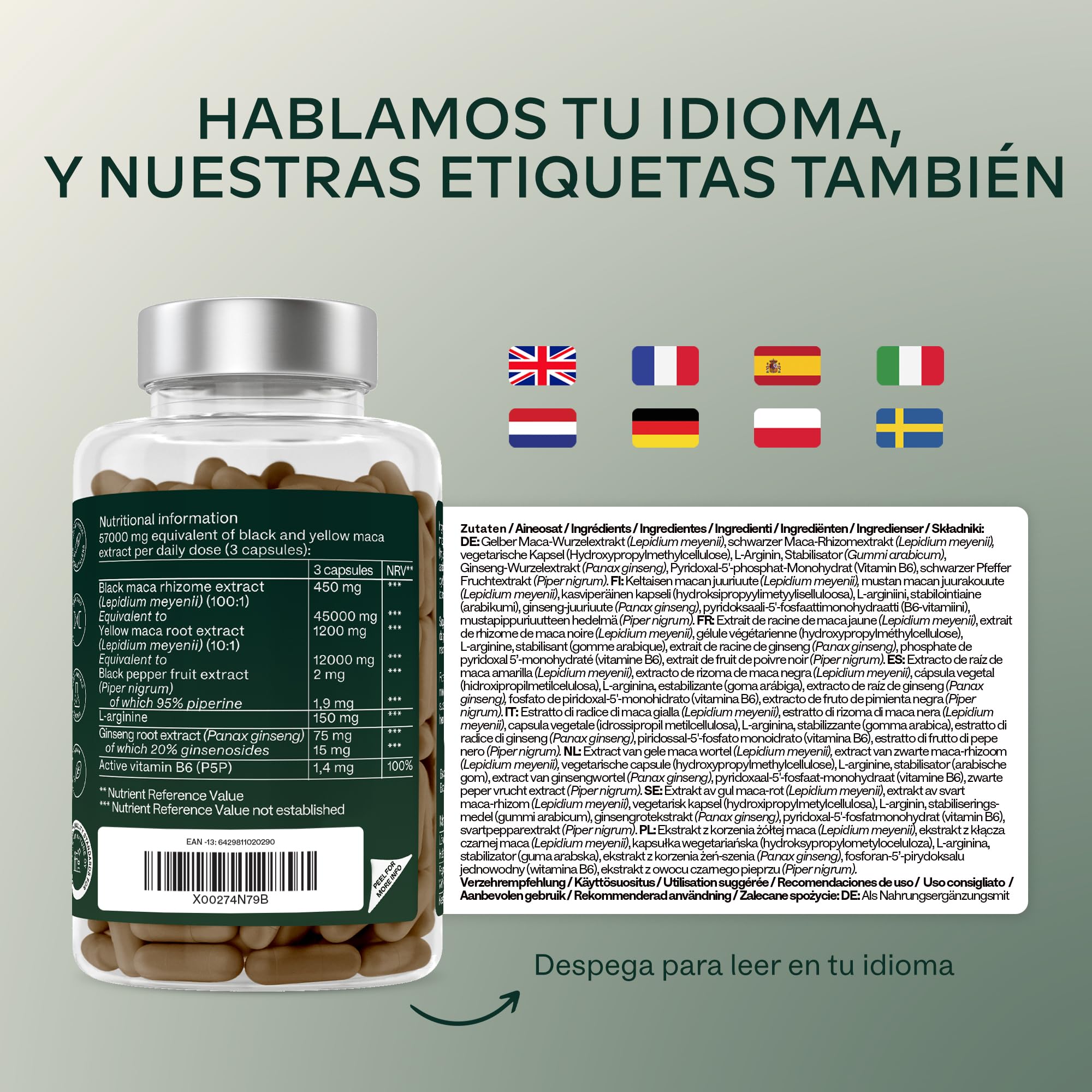 Maca Negra y Amarilla - 57,000 mg - Maca Peruana Andina con Ginseng Panax, L-Arginina, Vitamina B6 y Extracto de Pimienta Negra - 120 Maka Cápsulas - Veganas
