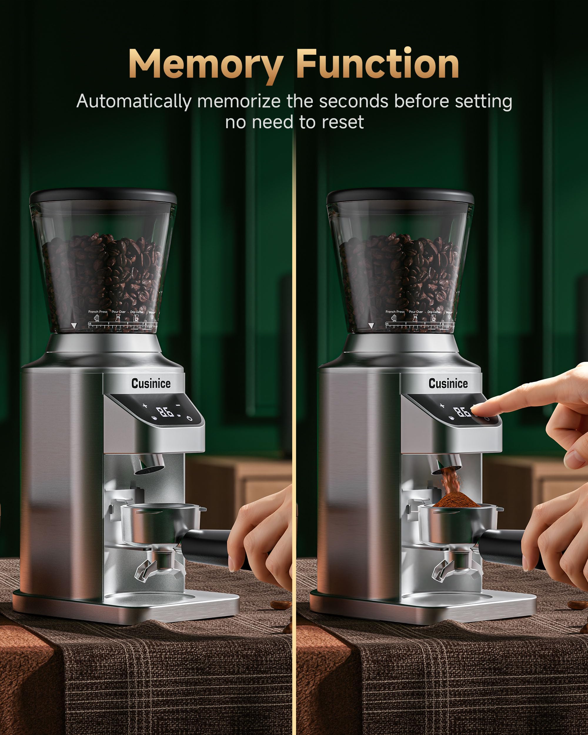 Molinillo de café cónico – Molinillo eléctrico de espresso con 34 ajustes precisos – antiestático para uso doméstico, tolva de 320.3 g, acero inoxidable, plateado