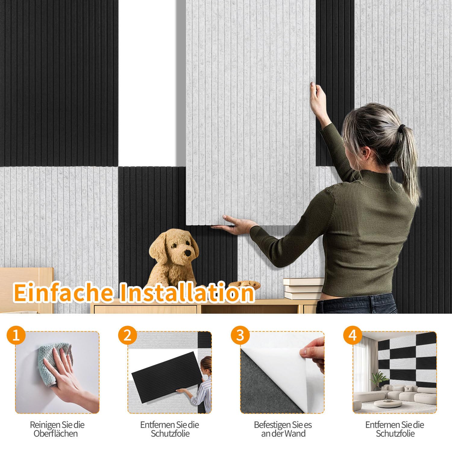 2.88㎡ - Paneles acústicos autoadhesivos (120 x 60 cm, 4 unidades, para oficina en casa, vivienda y oficina, 100 % poliéster, sin taladrar, aislamiento acústico, color gris claro)