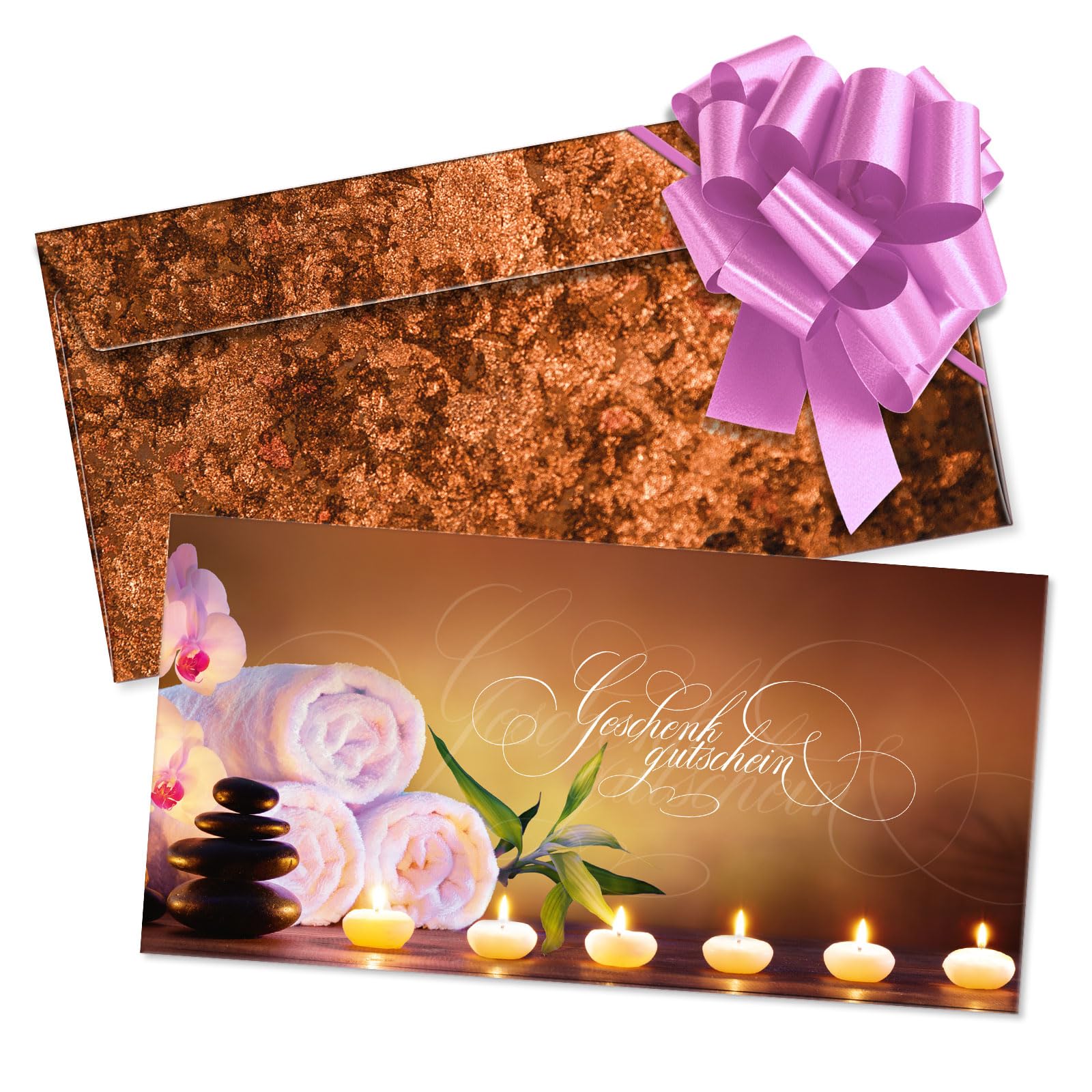 GESCHENKGUTSCHEINcom Gutschein-Set - 50 Gutscheine mit Umschlag & Schleife für Kosmetiksalon Wellness Massageinstitute, blanko zum selber Ausfüllen