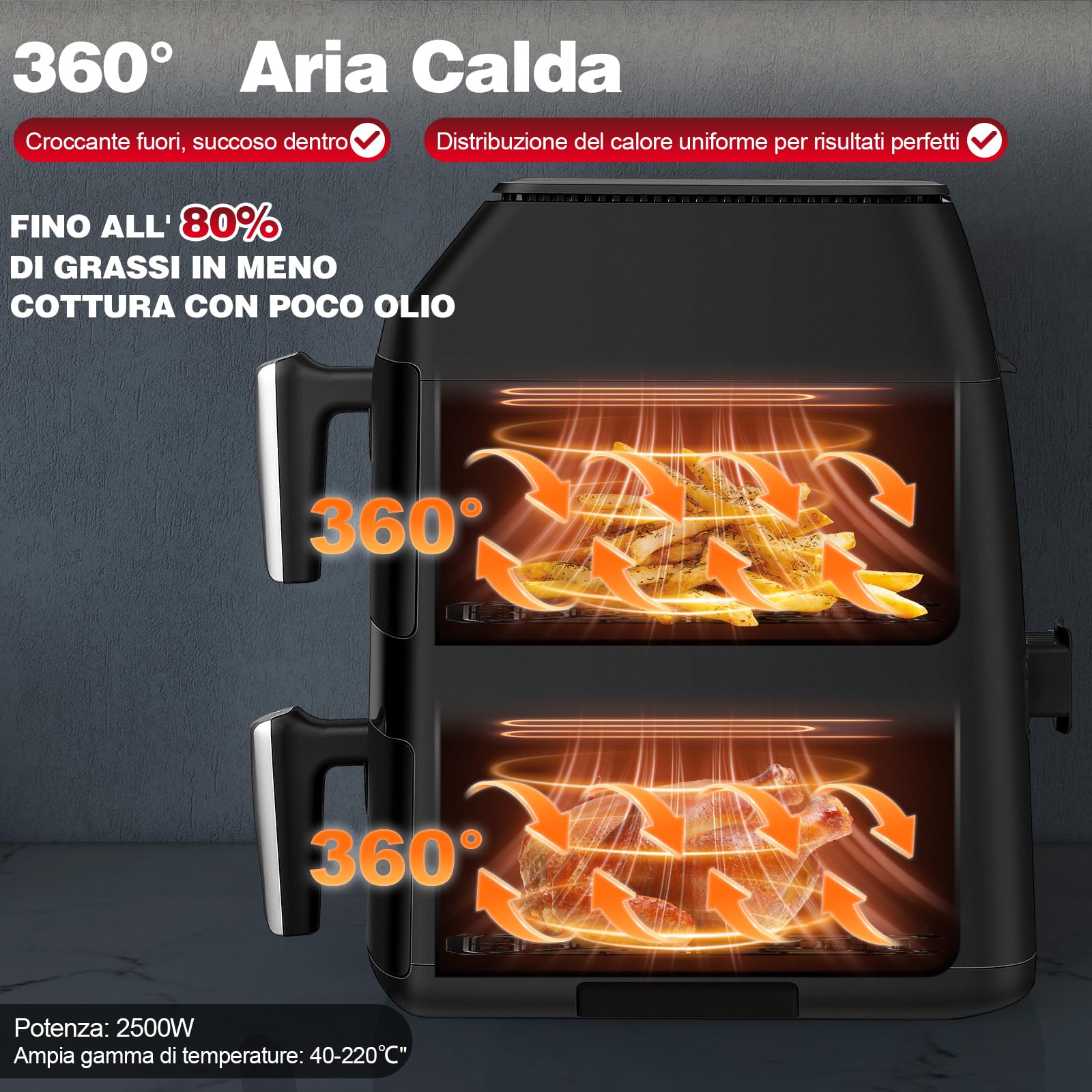 TopStrong Friggitrice ad Aria Doppio Cestello, 11 Litri Verticale Air Fryer 2 Cestelli, 40-220℃, 6 Funzioni & 8 Programmi Di Cottura Automatici, Dietetica, Compatta, 2500W, Fino a 8 Persone, Nero