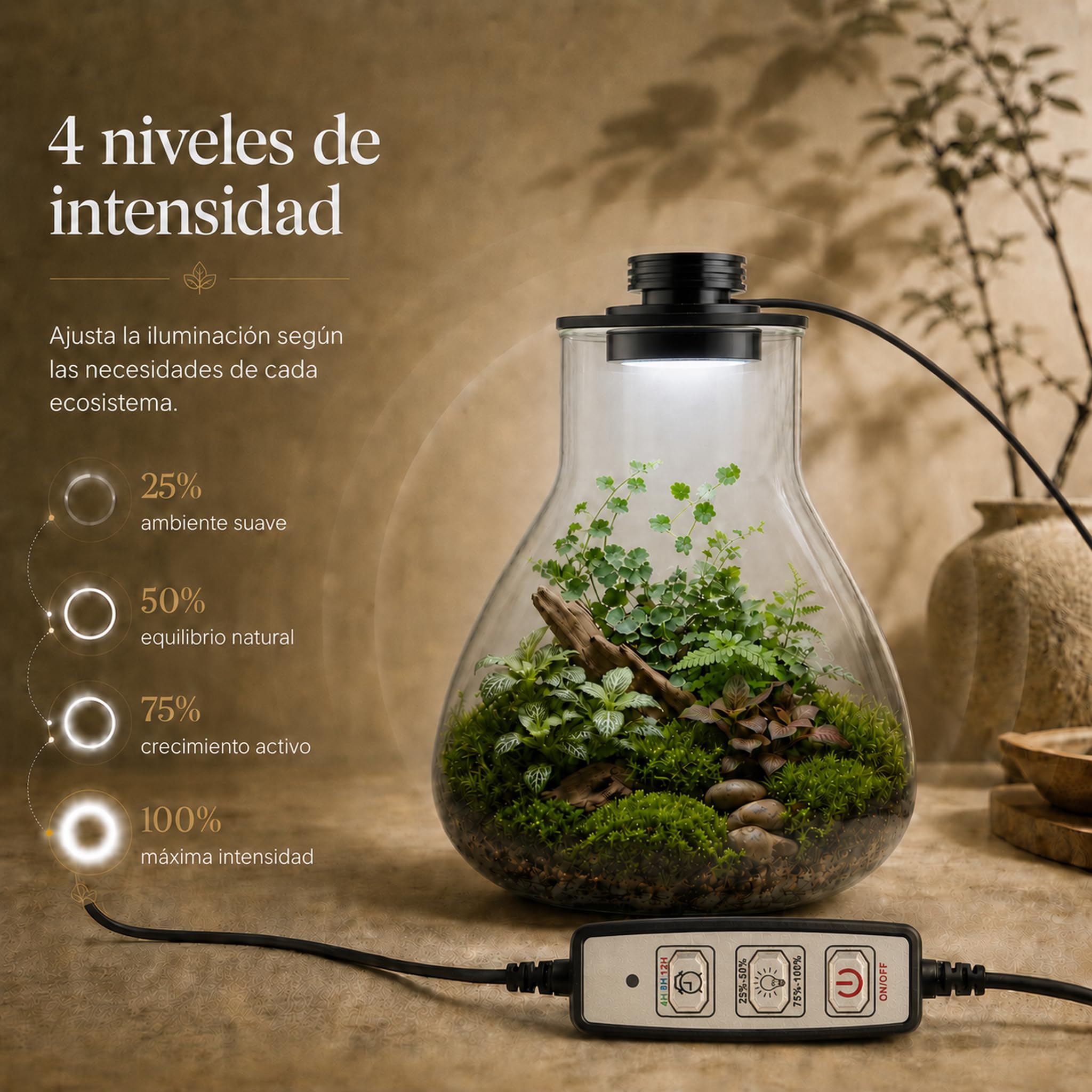 Kit Terrario XL Completo con Luz Smart LED para Jardín Eterno | Kit XL con recipiente 4L, luz Smart LED, herramientas, sustrato, grava, carbón activo y bote de riego antisalpicaduras