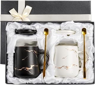 ZENFUN 2 Pack 13.5oz Ceramic Couple Mugs Black White Marble with Lids Gold Spoons Gift Box - Wedding Engagement His Hers Gift