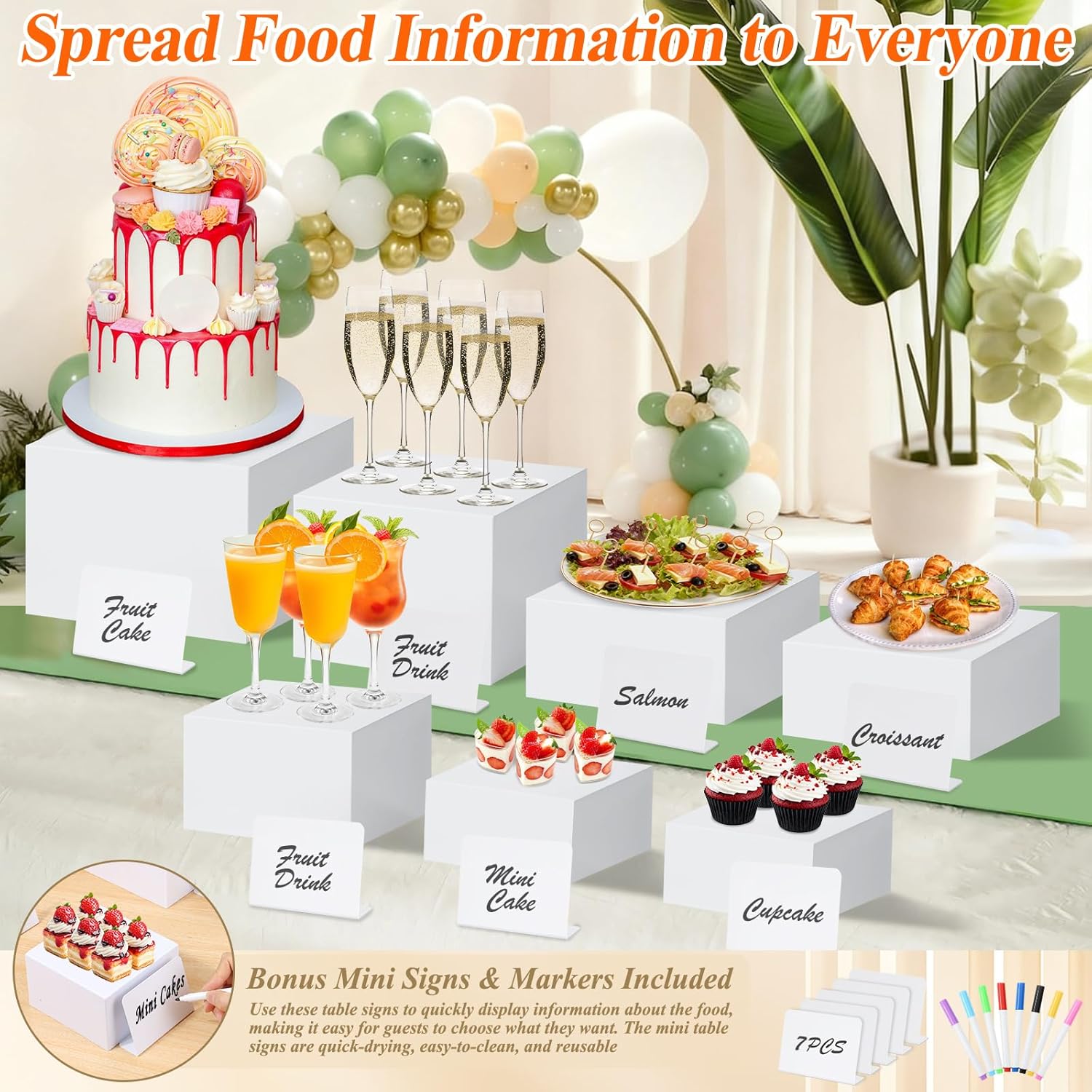 7Pcs White Acrylic Buffet Risers with Mini Sign and Marker, Food Display Risers for Party Catering Dessert Jewelry Collectibles,Acrylic Cube Nesting Boxes with Hollow Bottoms(8" 7.5" 7" 6.8" 6" 5" 5")