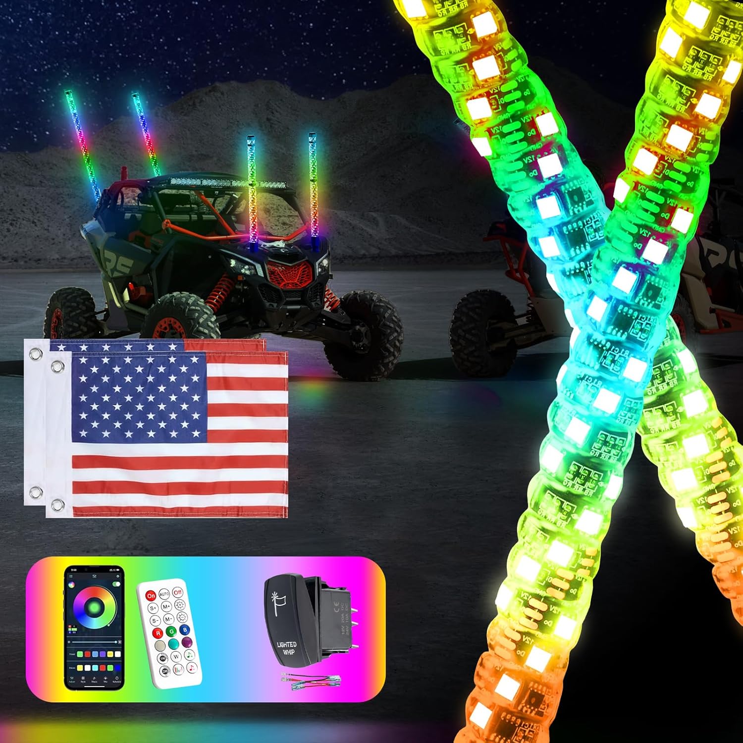 2PCS-1FT Whip Lights with Remote Control,Spiral RGB Led Whip Light Chasing Patterns Stop Turn Reverse Lighting Modes Safety Lighted Antenna for UTV/ATV/SXS RZR,Dune Buggy,Truck