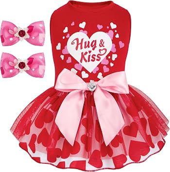 cyeollo Dog Valentines Day Dress Heart Print Tulle Outfit with Hair Bow M