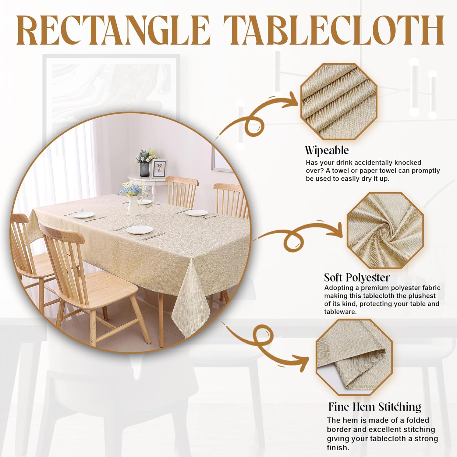 Majestic Giftware Polyester Tablecloths for Rectangle Tables | (54/72) - TC1338 Jacquard Avalon Gold Print Hem Stitch Dining Table Cover | Decorative Washable Tablecloth for Kitchen, Dining