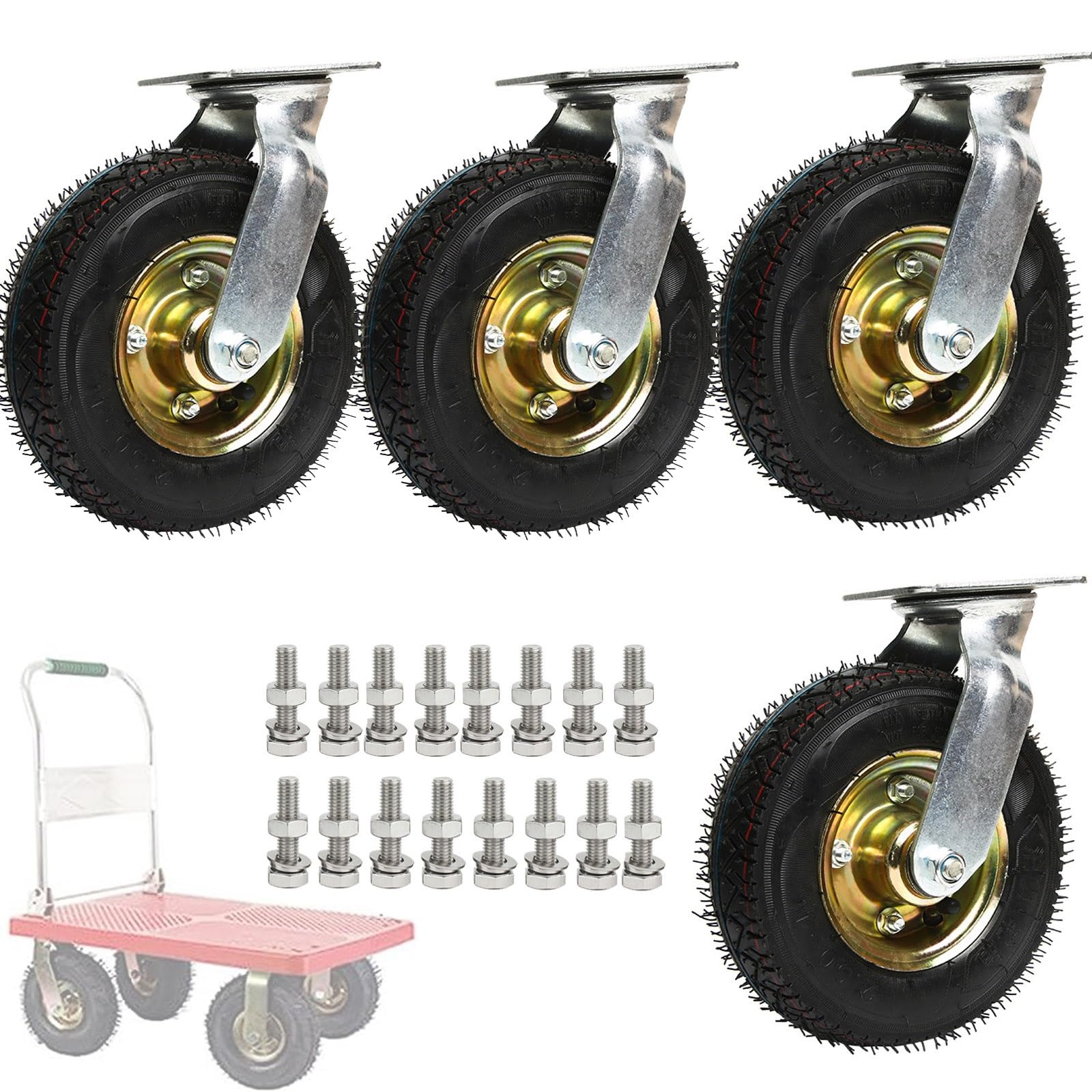 WORDFUN Ruote Girevoli Pesanti, Ruote per Carrello, Ruota Gonfiabile ​di Gomma, Look Industriale, Girevole A 360°, con Viti Inox, Ruote di Gomma per Carriola Ruote Pivottanti per Mobili