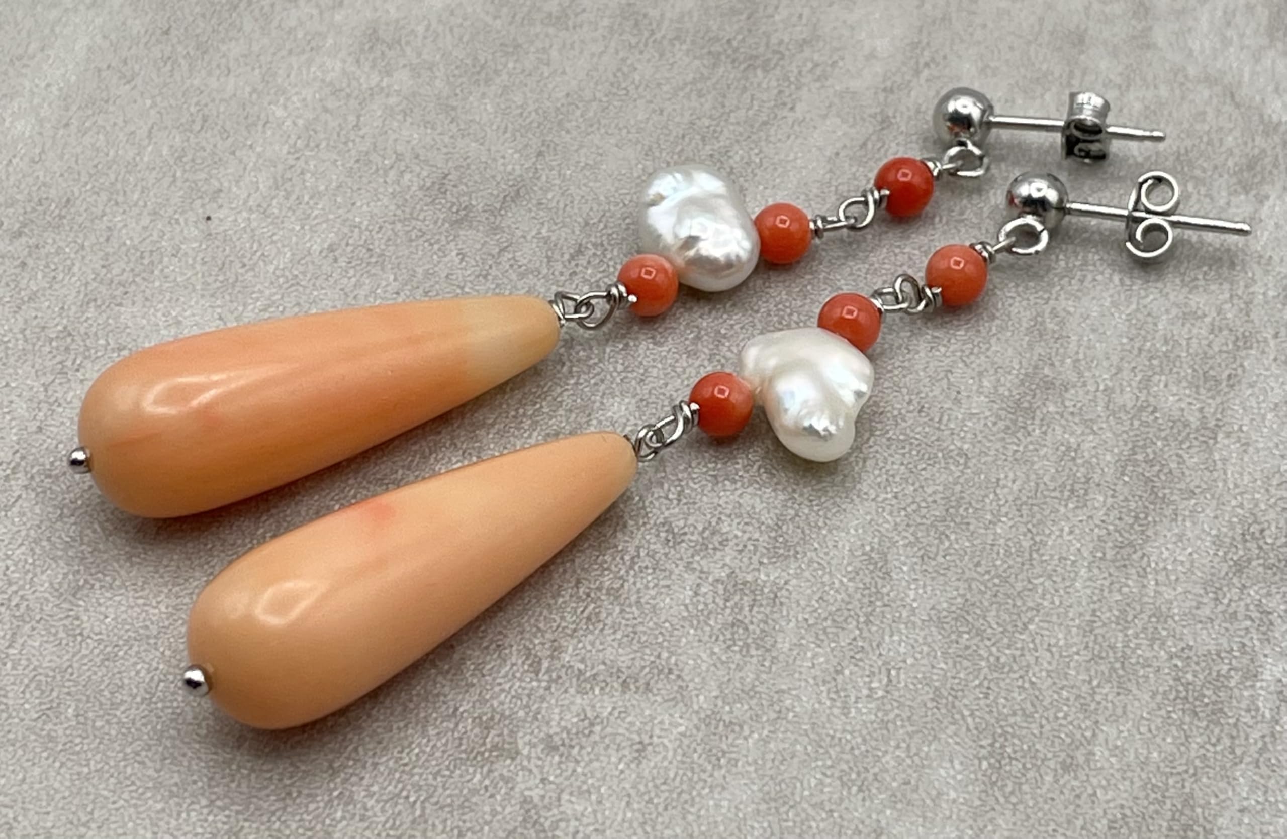 Orecchini Corallo Rosa e Perle Keshi, Pendenti in Argento 925 Made in Italy, Gioielli Pietre Naturali, Bijoux Artigianali, Regalo per Lei