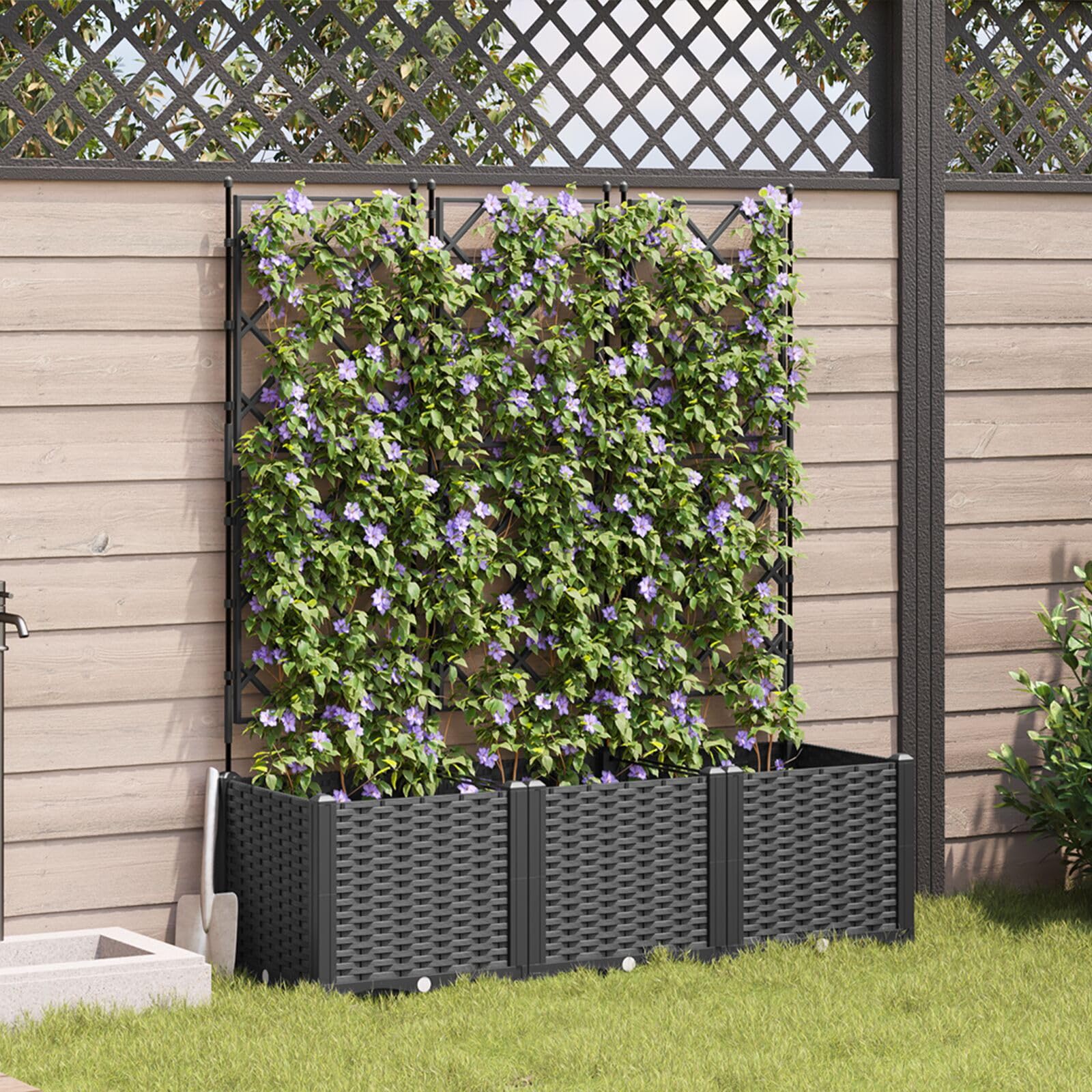 Sadzarka ogrodowa z trellis 3 sztuki czarna 120 x 40 x 143 cm do pnących roślin, nowoczesna donica z wytrzymałego tworzywa sztucznego do wewnątrz i na zewnątrz, łatwa