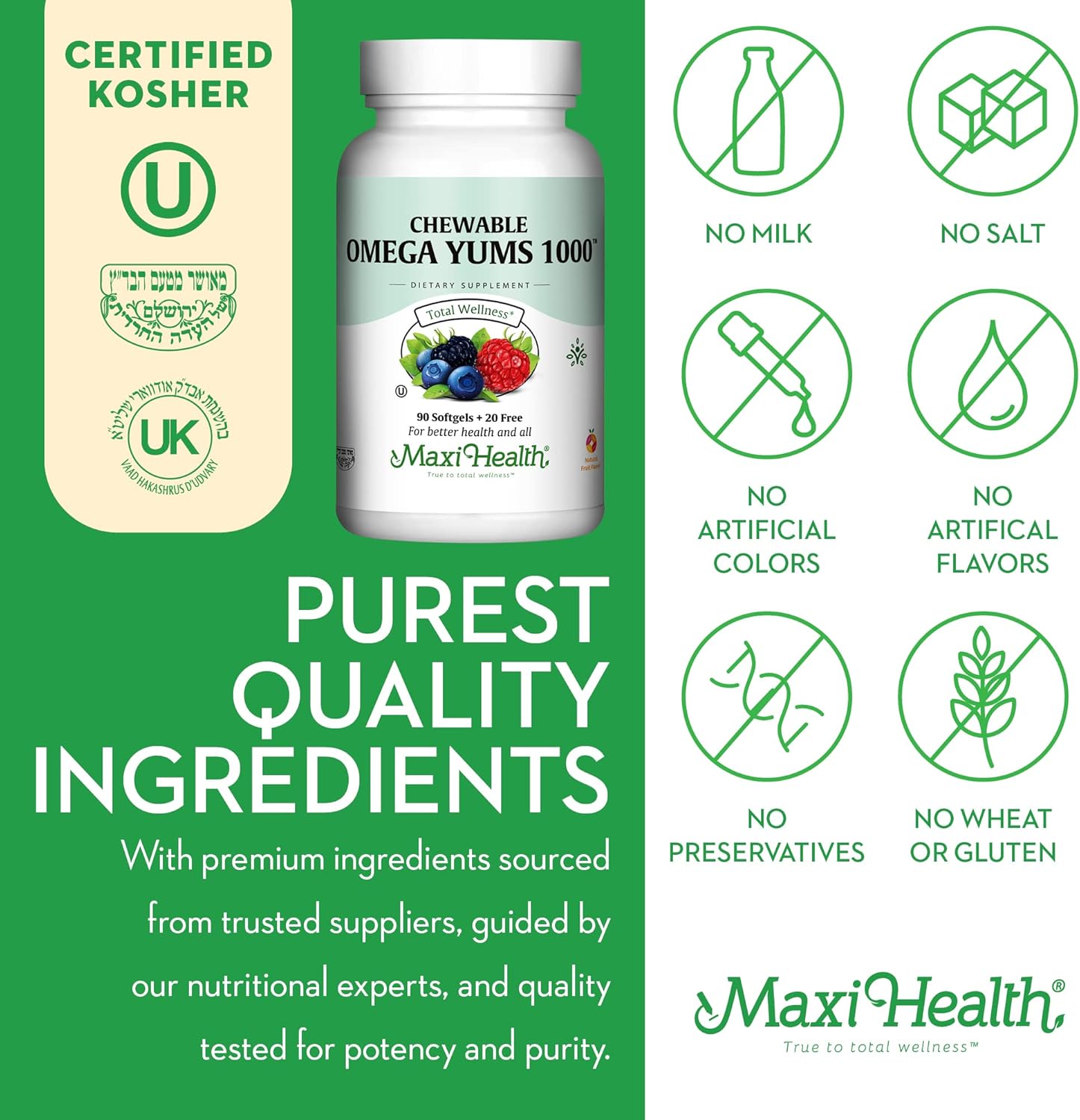 Maxi Health Omega Yums 1000 - Kid Friendly - Fruity Burst Flavor - 110 Softgel Capsules - Kosher - Image 4