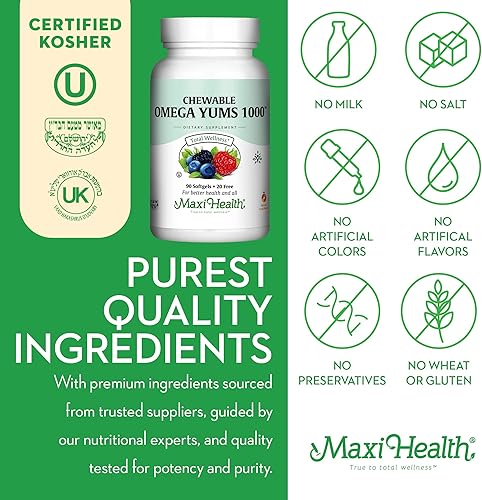 Miniatura 4 de Maxi Health Omega Yums 1000 - Apto para niños, sabor afrutado, 110 cápsulas de cápsula blanda, Kosher