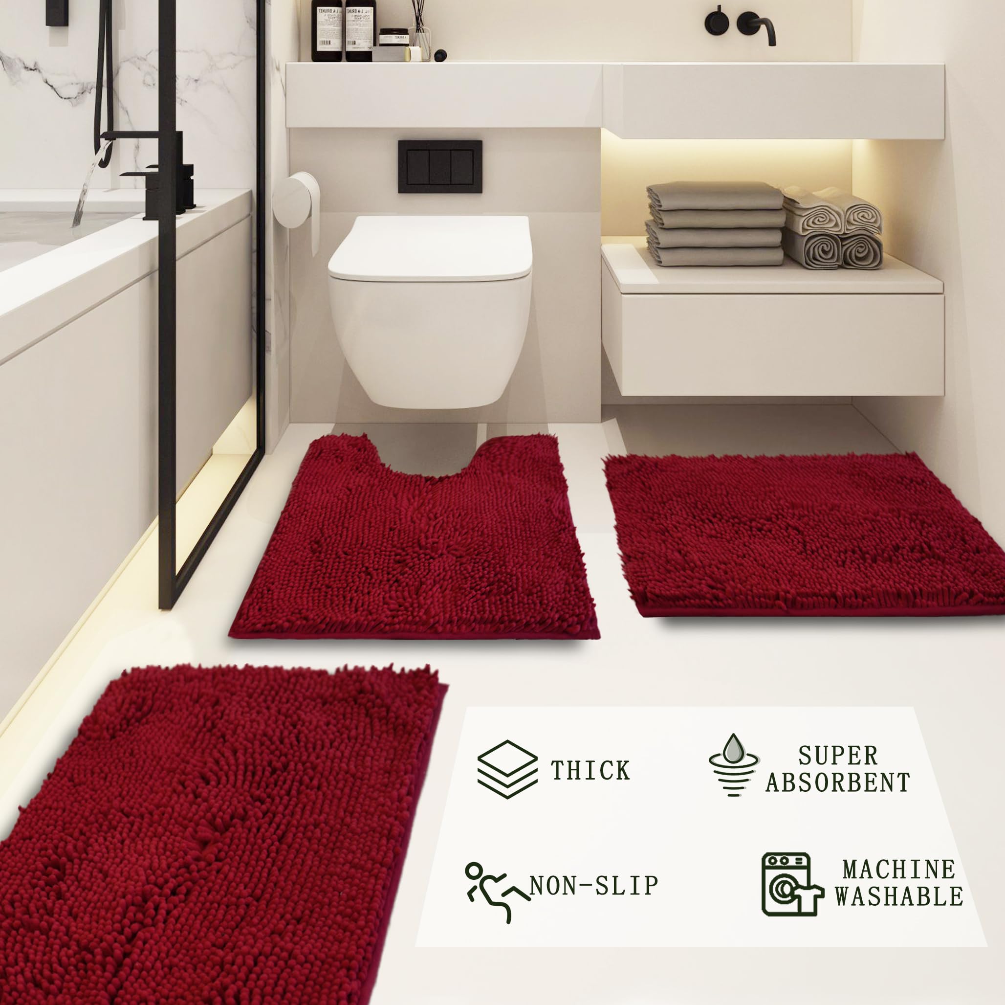 Lot de 3 tapis de salle de bain en chenille, très épais et absorbants, antidérapants, lavables en machine, séchage rapide, doux et confortable, utilisés sous la douche, baignoire et évier,