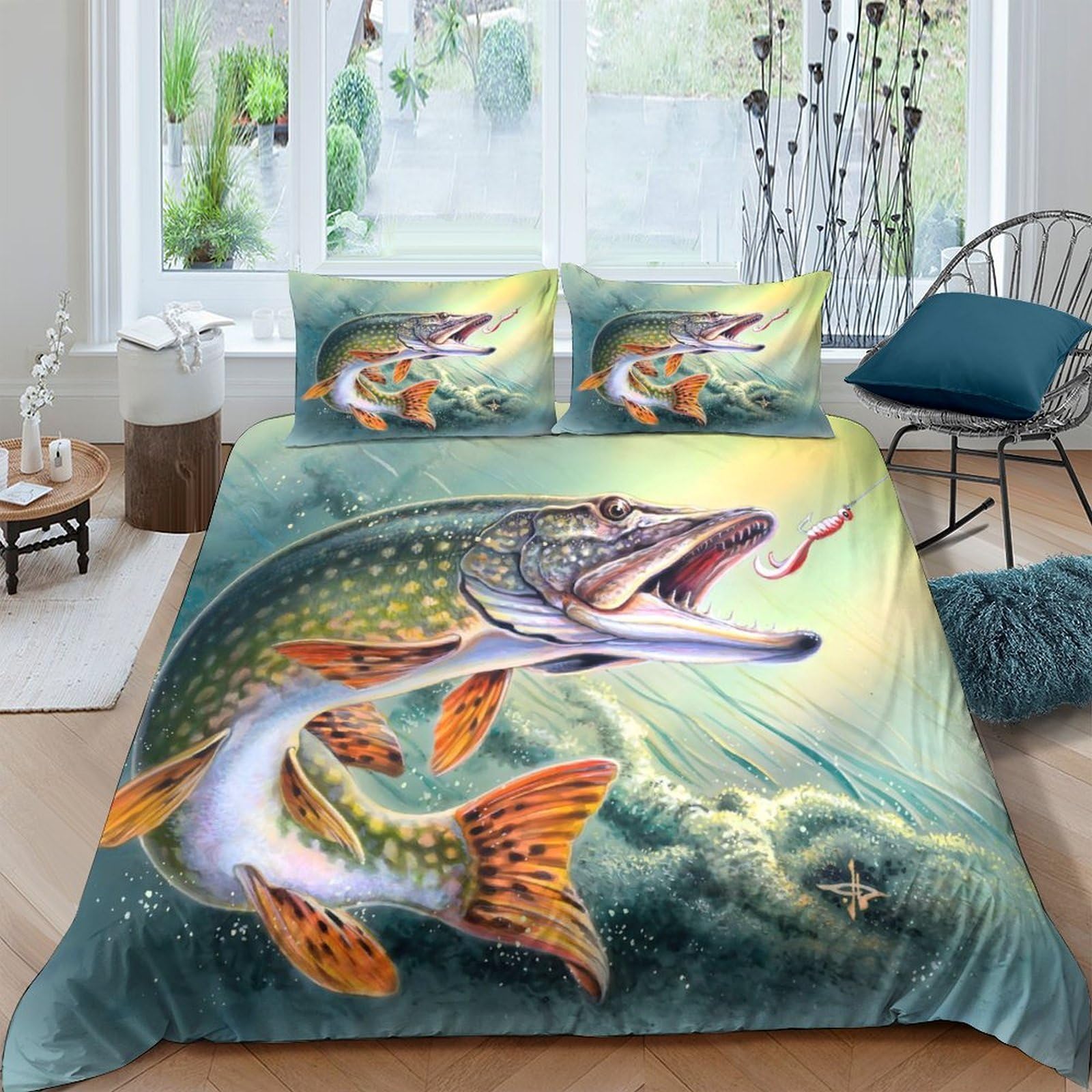 Ctjqhvkz Style-9 3D Printed Lively Pike Fish Fitted Sheet Microfiber Bed Cover For Bedroom Dorm Decor Mattress Protection Single（135X200cm）