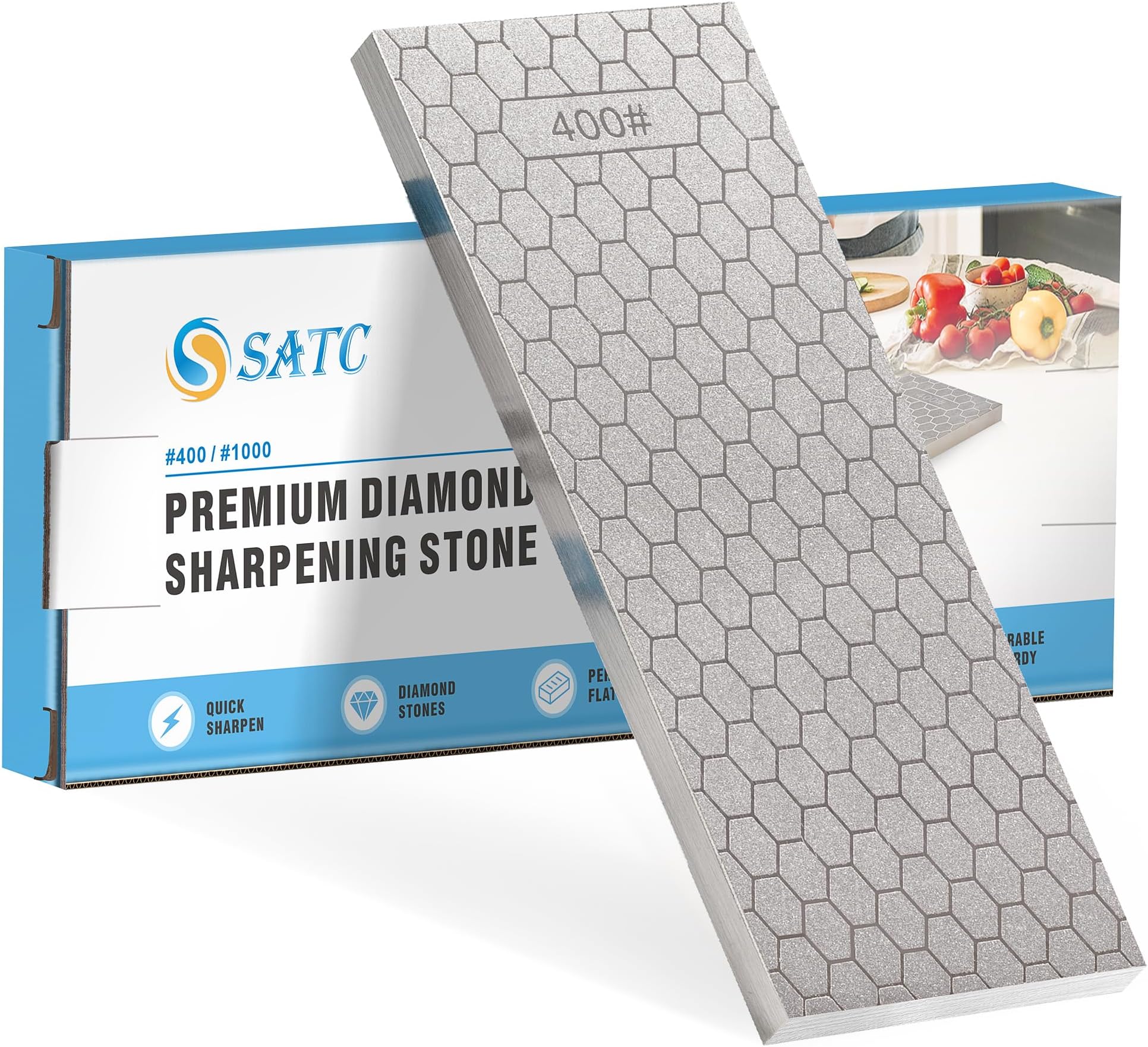 S SATC Diamond Sharpening Stone 2 Side Grit 400/1000 Diamond Plate Honing Stone 8-inch Hone Sharpener White