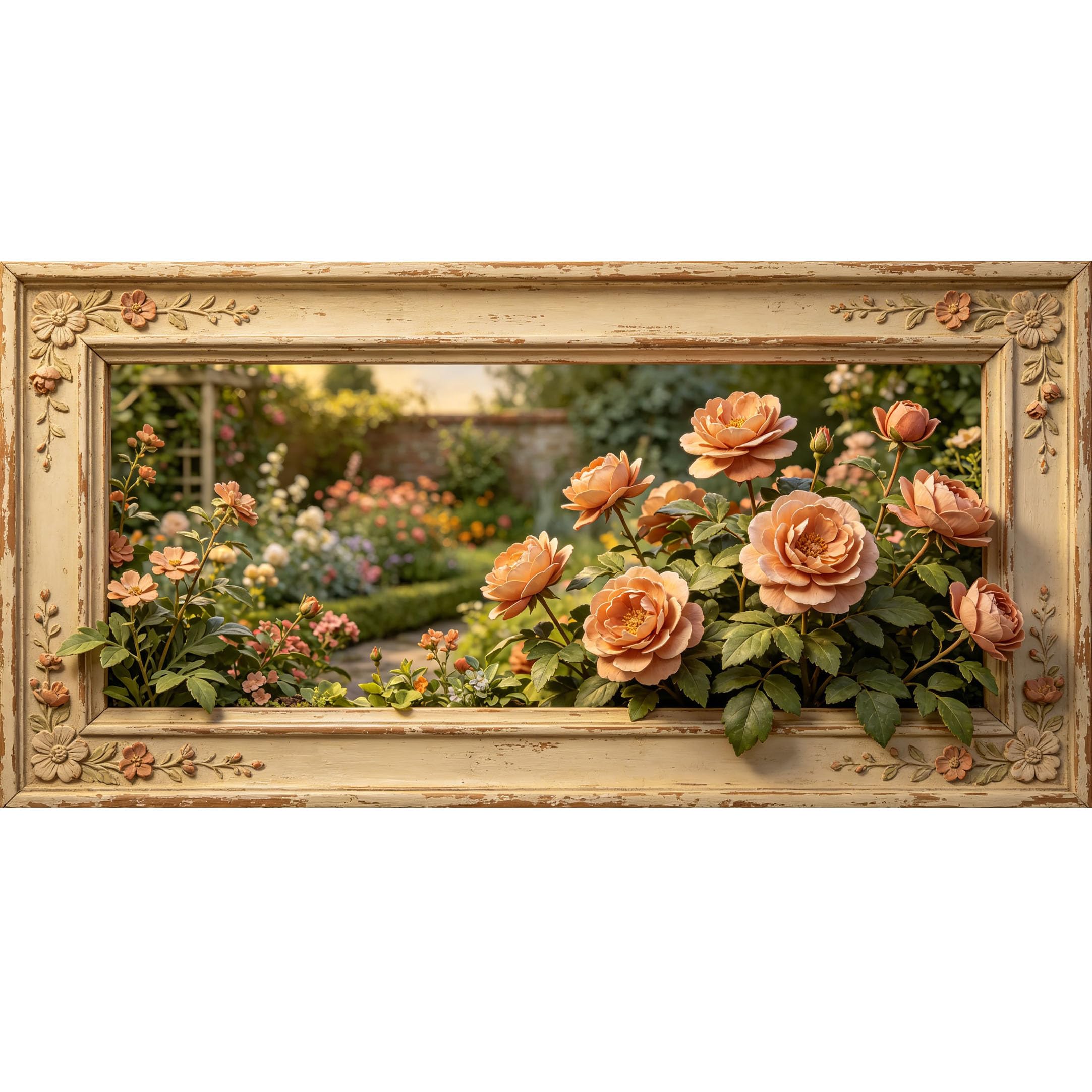 Agglomerix 3D Framed Wall Art Peach English Rose Botanical Farmhouse Vintage Relief Effect Large Size SelfAdhesive Removable Wall Decor Prints Artwork for Living Room Bedroom Office